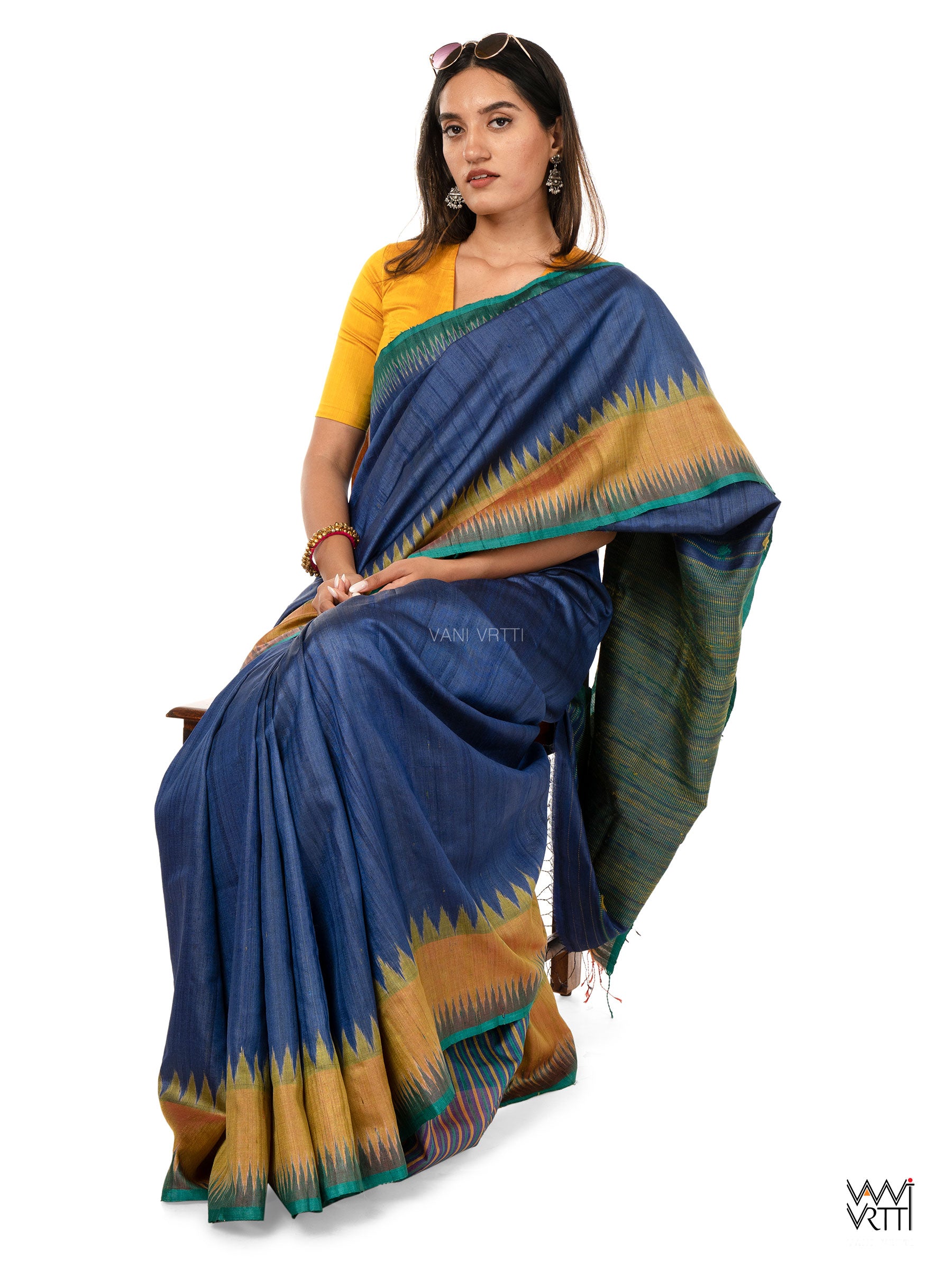 Midnight Blue Sangam Bristi Handspun Tussar Silk Saree