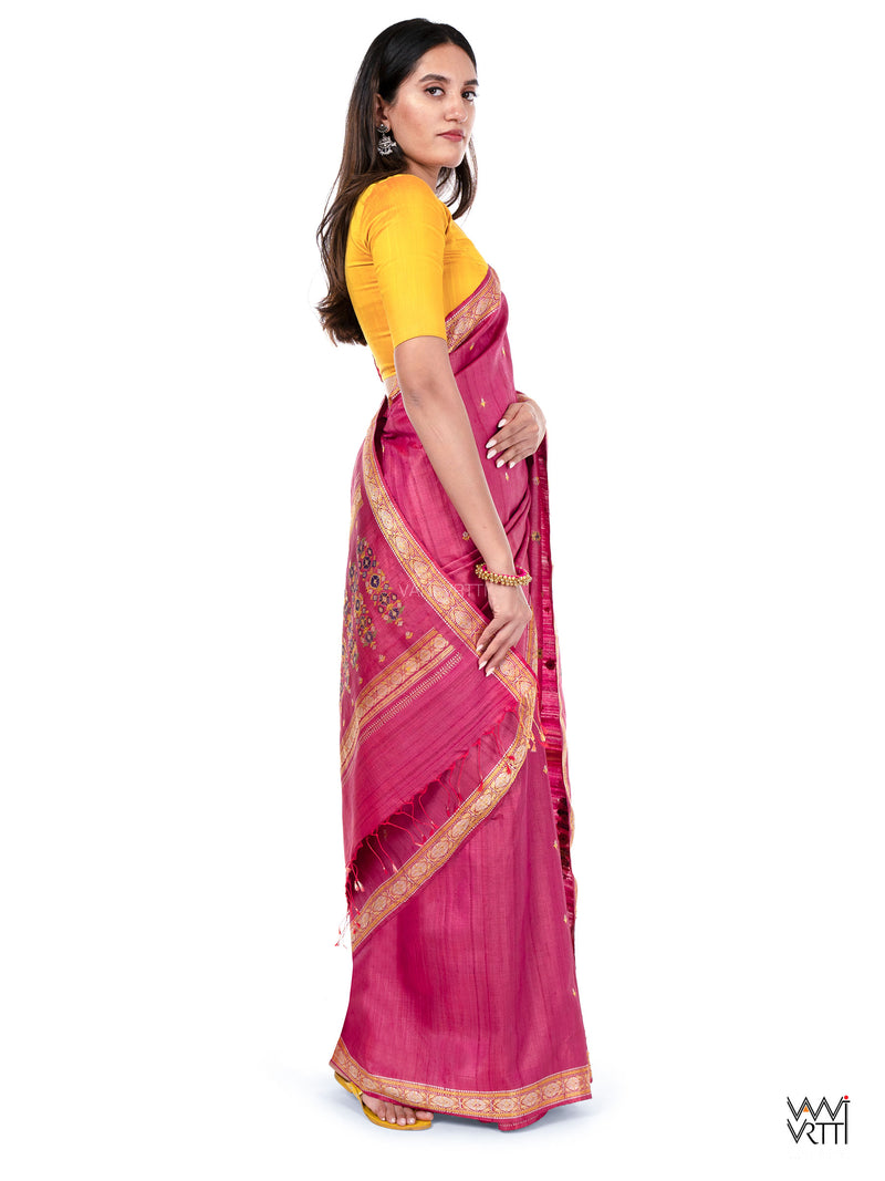 Pink Brahma Kamal Master Weave Exclusive Handspun Tussar Silk Saree