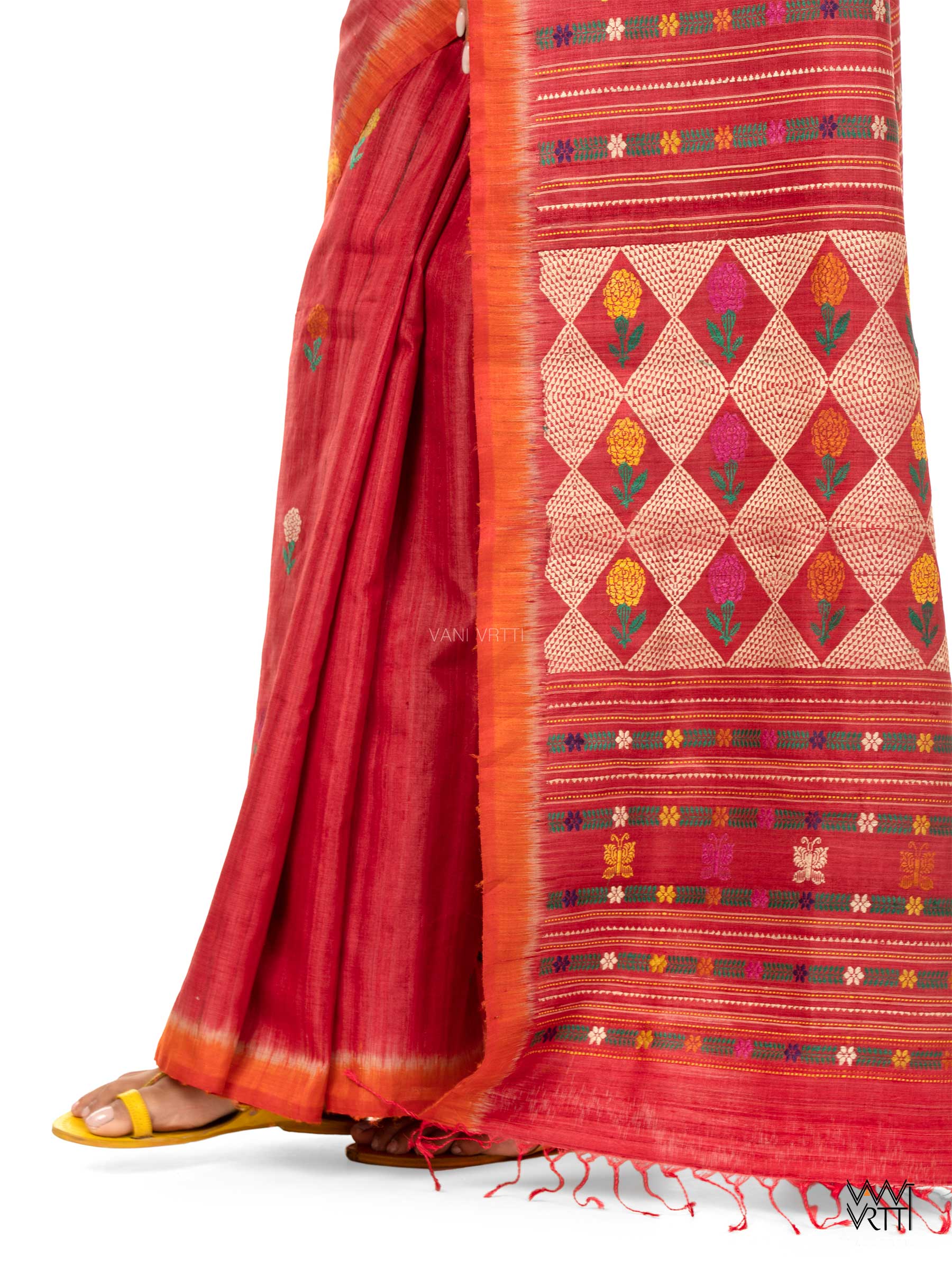 Red Ganga Jamuna Marigold Wild Garden Master Weave Exclusive Handspun Tussar Silk Saree