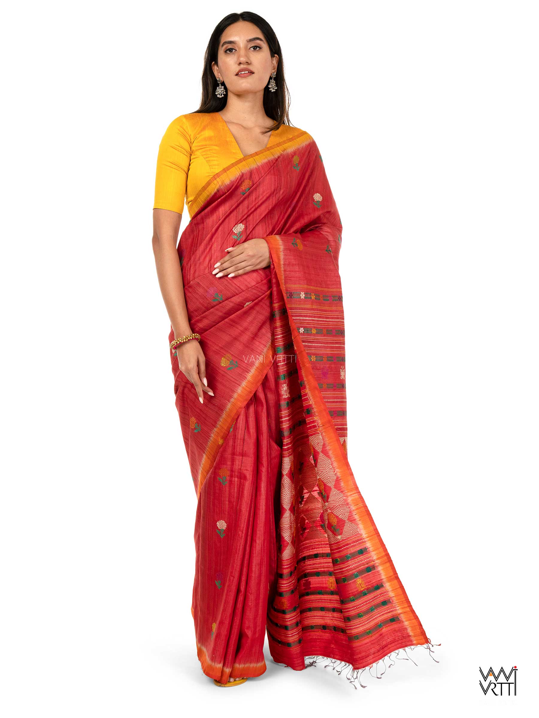 Red Ganga Jamuna Marigold Wild Garden Master Weave Exclusive Handspun Tussar Silk Saree