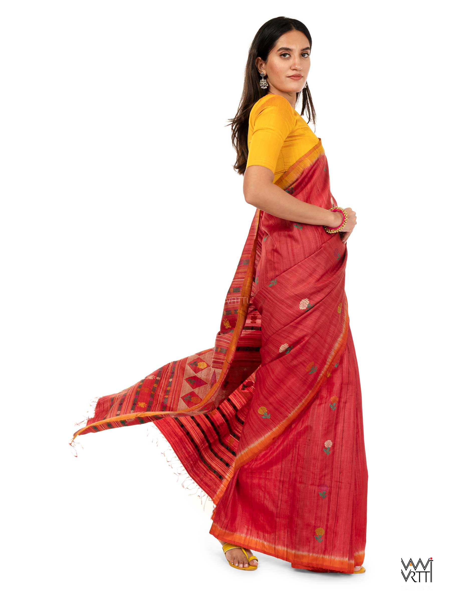 Red Ganga Jamuna Marigold Wild Garden Master Weave Exclusive Handspun Tussar Silk Saree