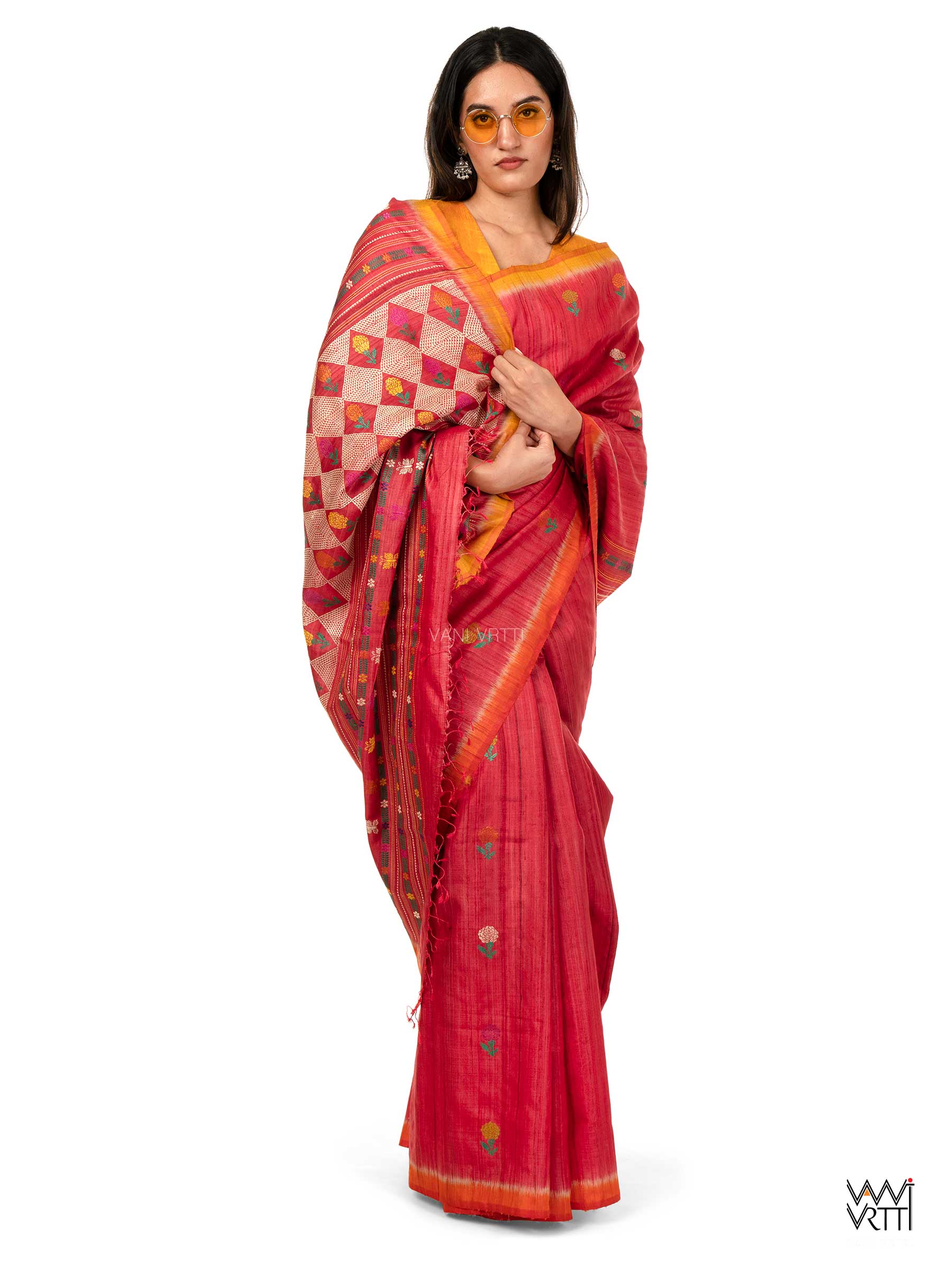 Red Ganga Jamuna Marigold Wild Garden Master Weave Exclusive Handspun Tussar Silk Saree