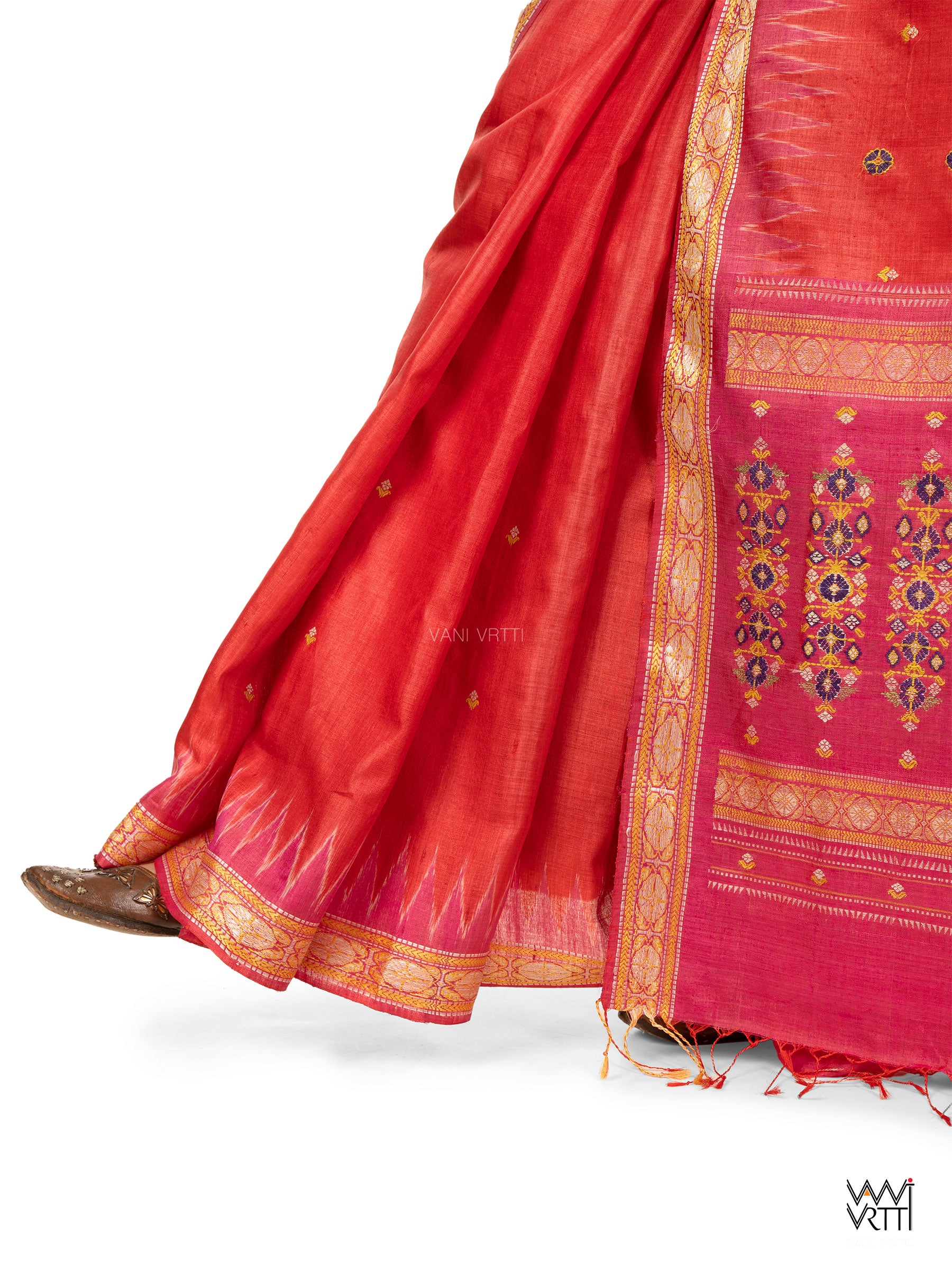 Tomato Red Pink Brahma Kamal Master Weave Exclusive Handspun Tussar Silk Saree