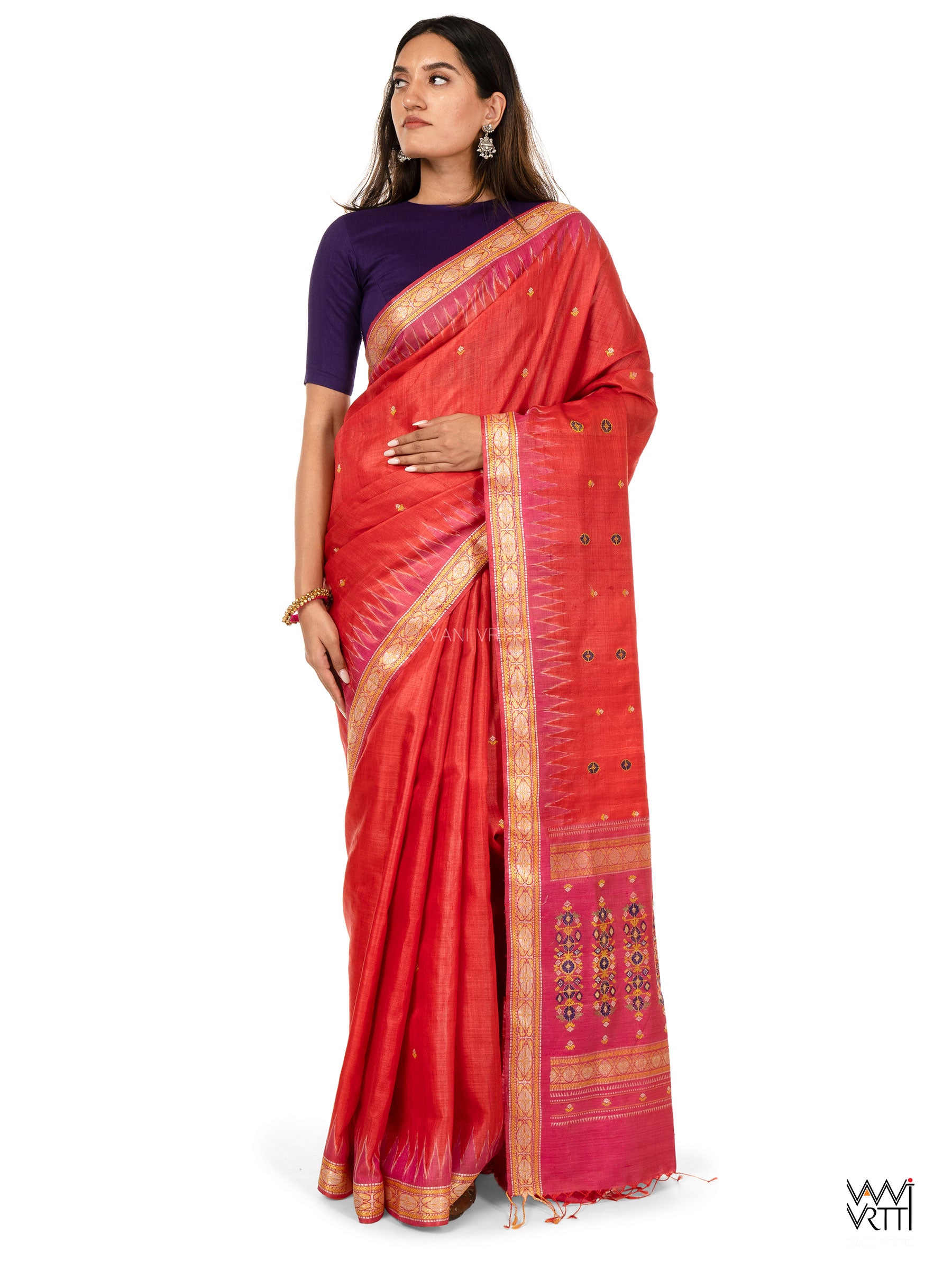 Tomato Red Pink Brahma Kamal Master Weave Exclusive Handspun Tussar Silk Saree