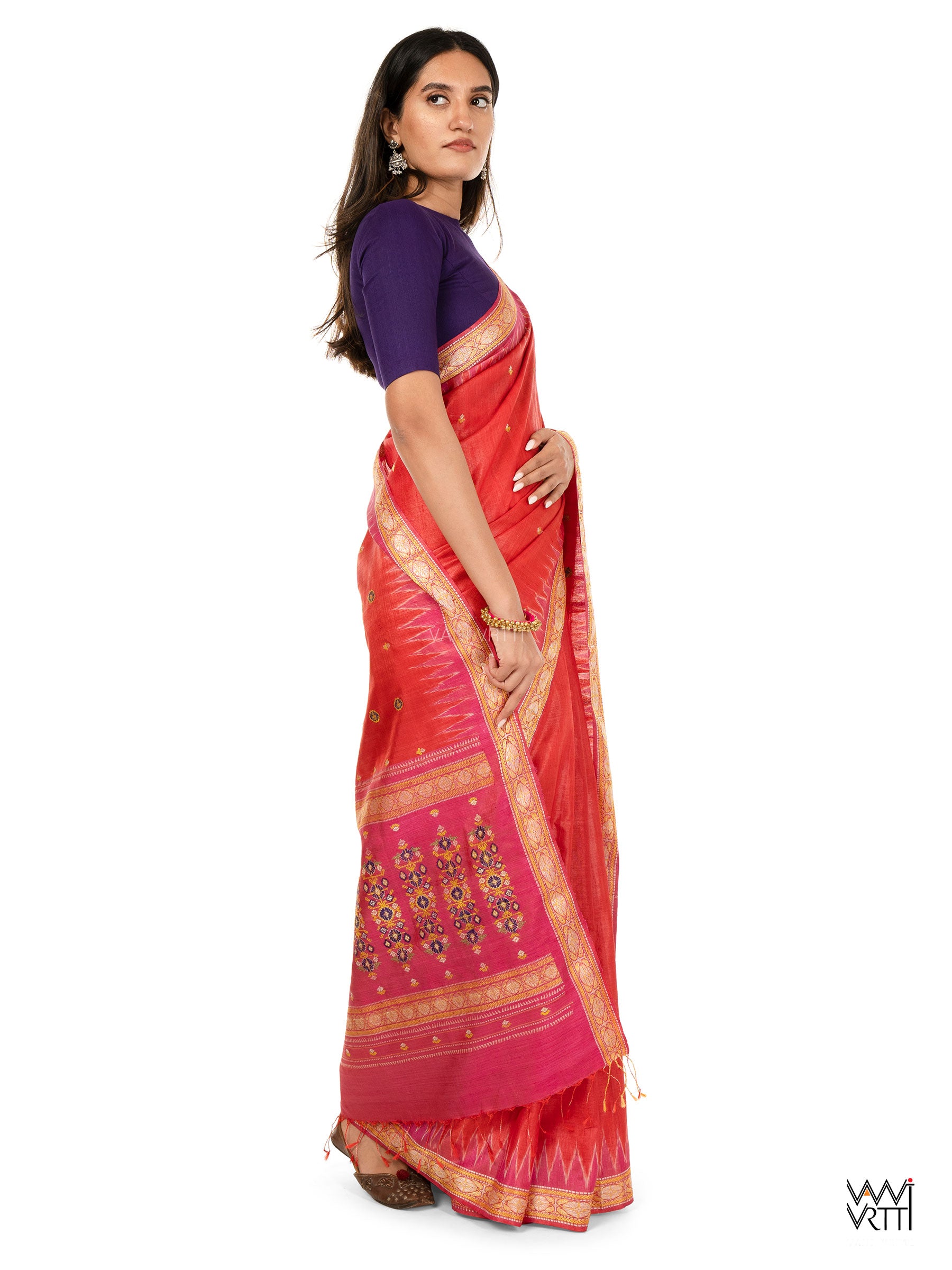 Tomato Red Pink Brahma Kamal Master Weave Exclusive Handspun Tussar Silk Saree