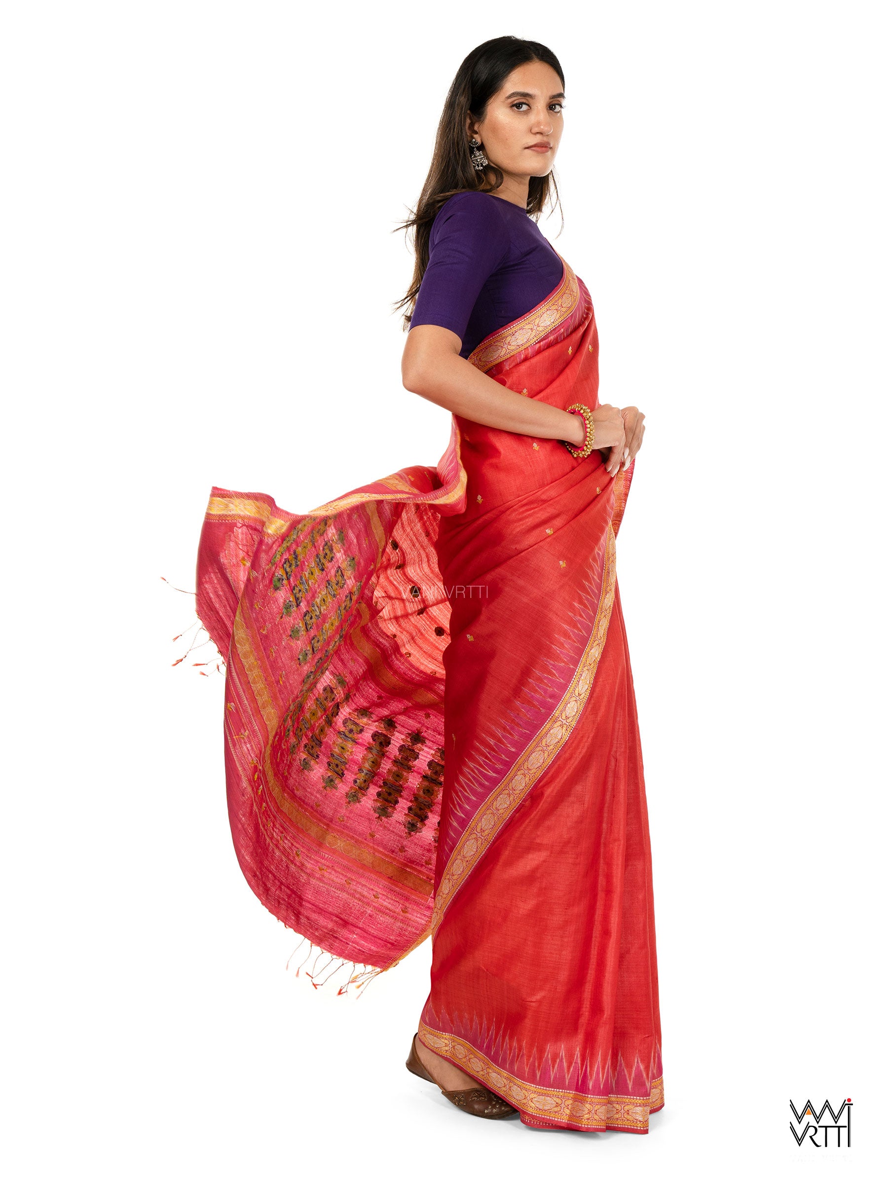 Tomato Red Pink Brahma Kamal Master Weave Exclusive Handspun Tussar Silk Saree