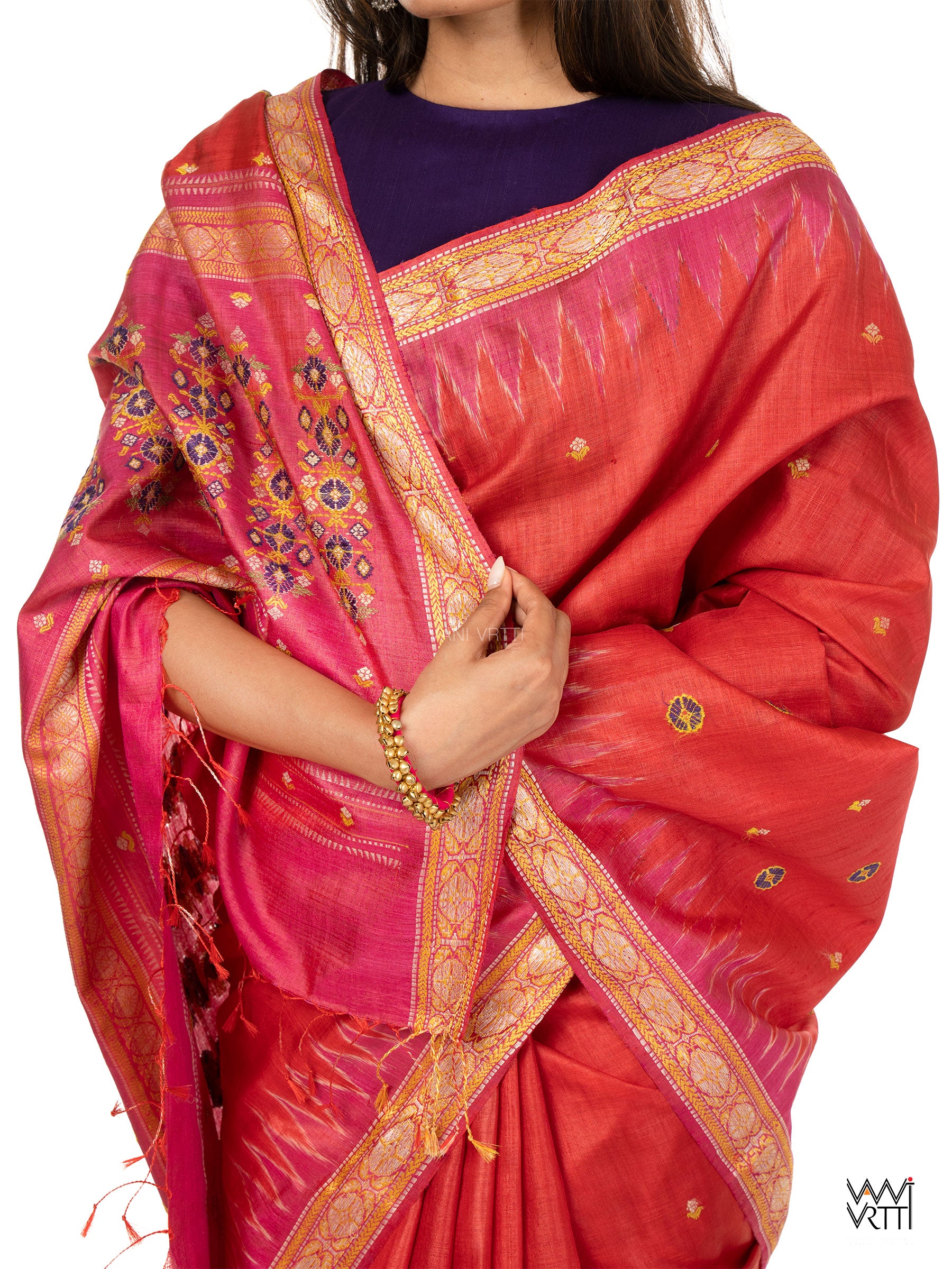 Tomato Red Pink Brahma Kamal Master Weave Exclusive Handspun Tussar Silk Saree
