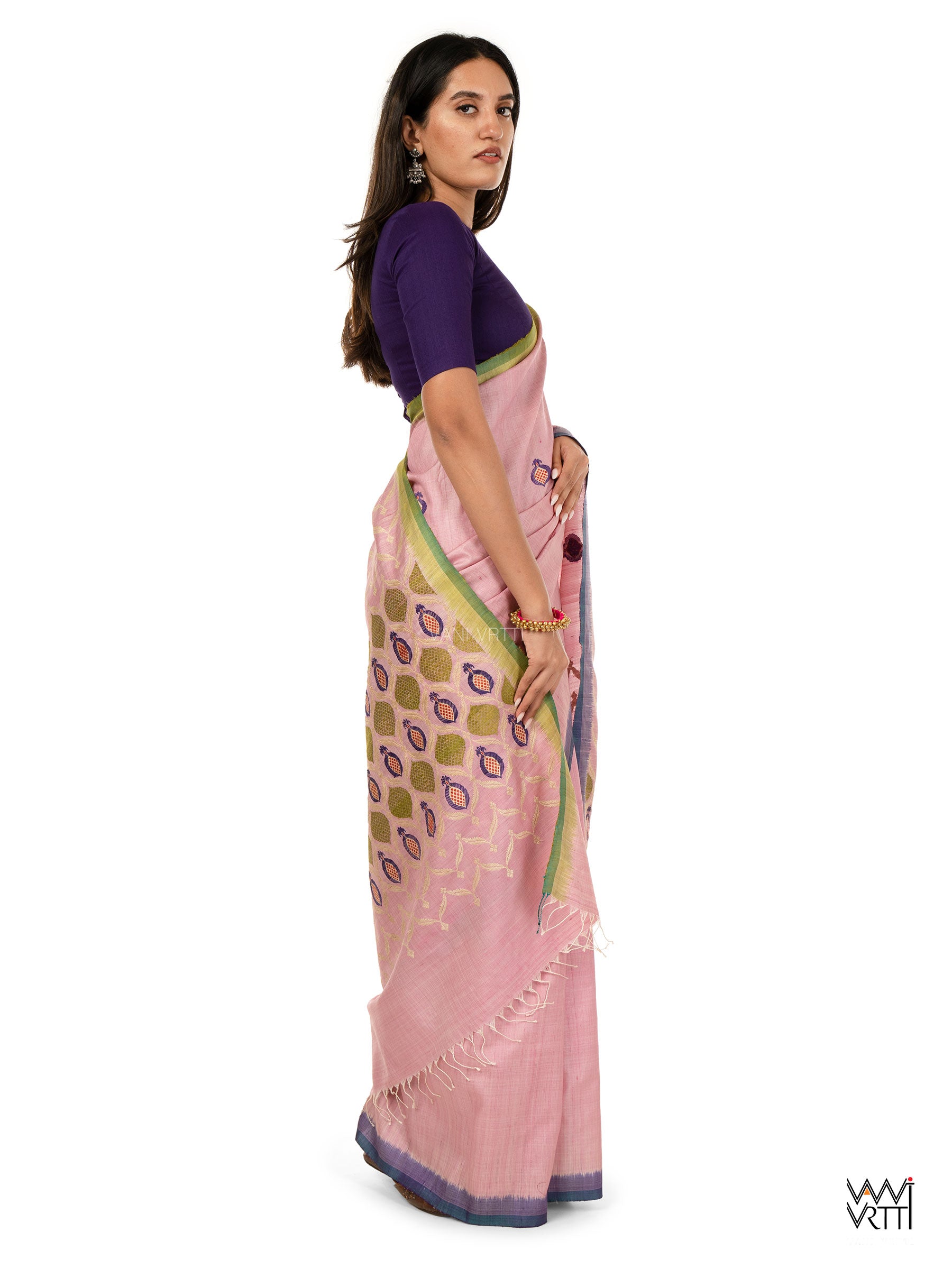 Baby Pink Pomegranate Jaal Handspun Tussar Silk Saree