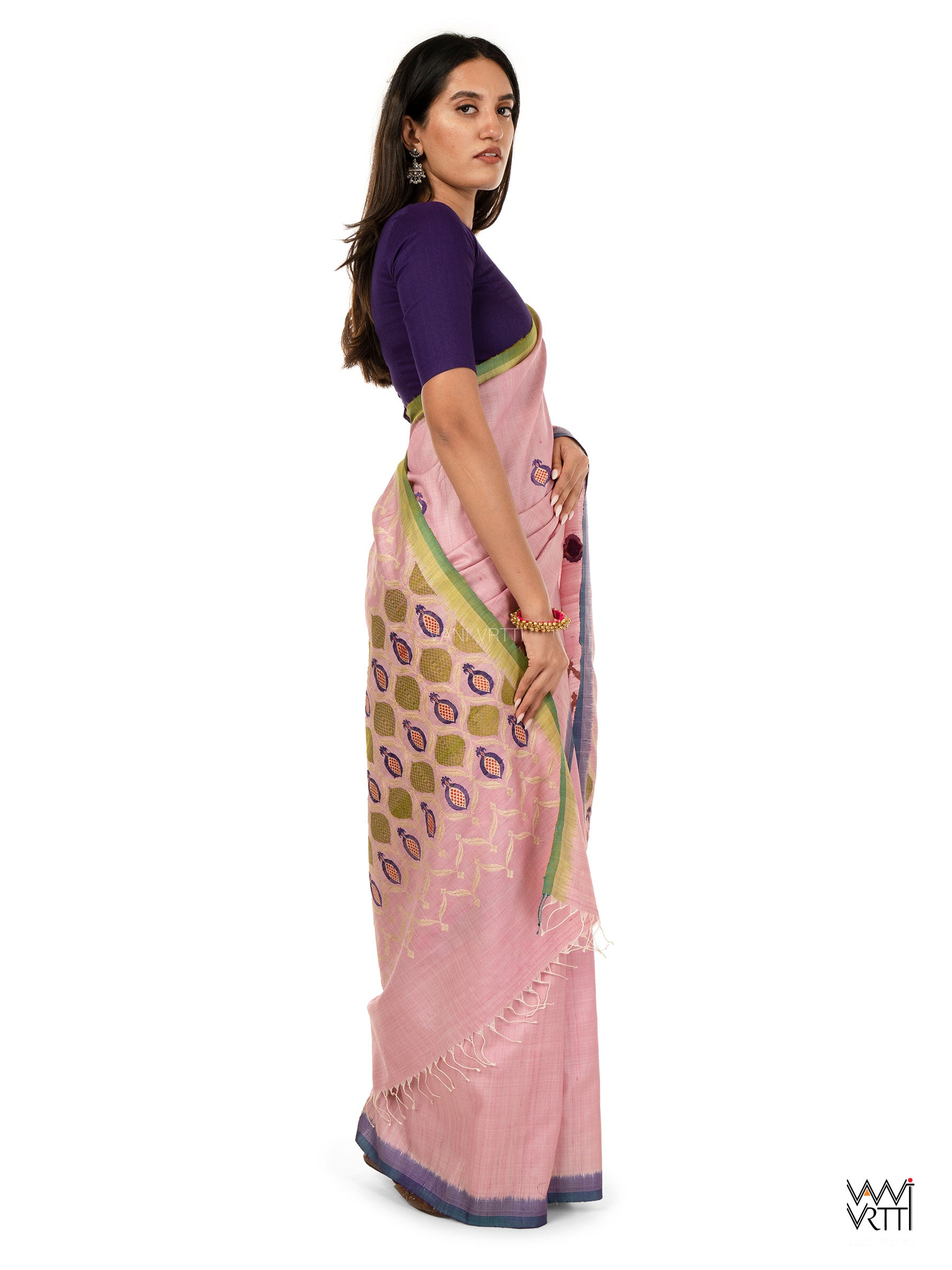 Baby Pink Pomegranate Jaal Exclusive Handspun Tussar Silk Saree