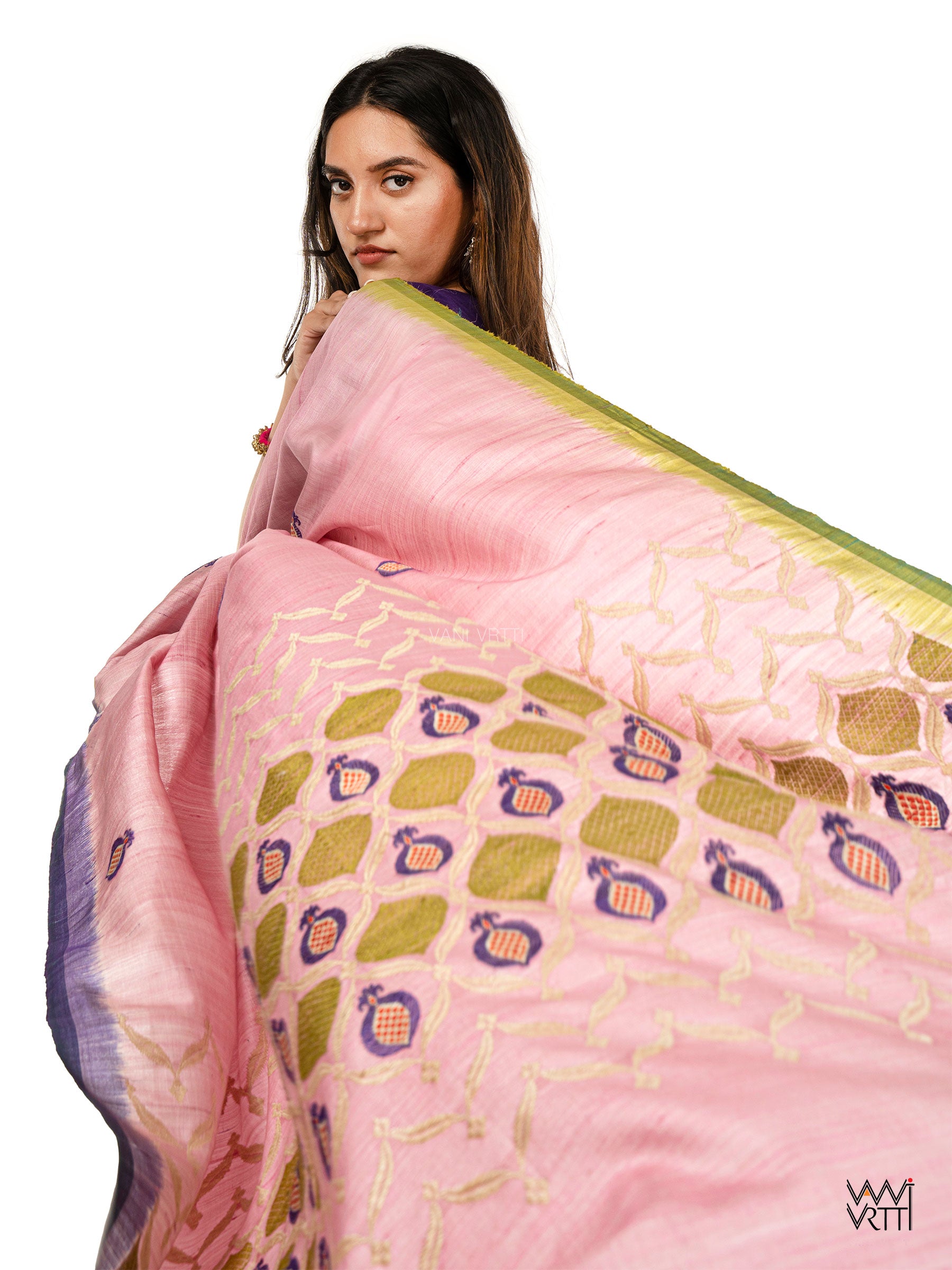 Baby Pink Pomegranate Jaal Exclusive Handspun Tussar Silk Saree