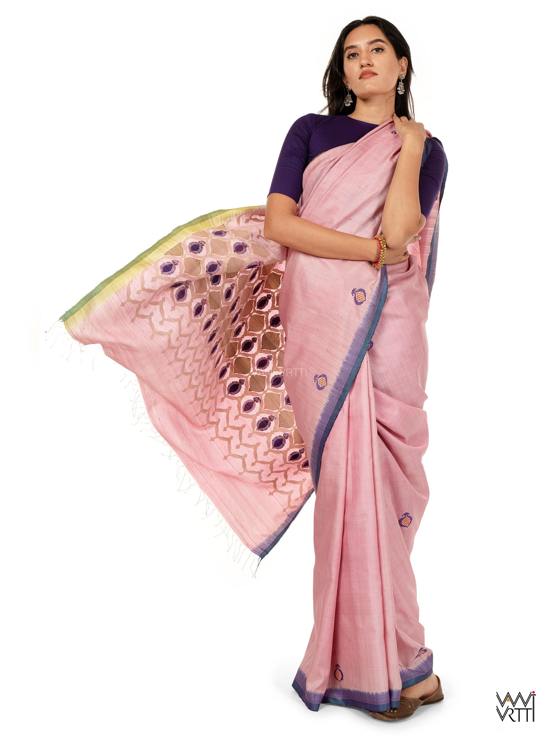 Baby Pink Pomegranate Jaal Exclusive Handspun Tussar Silk Saree