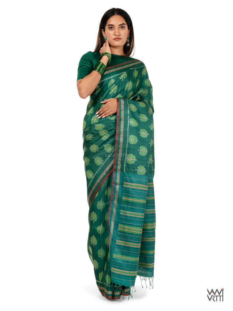 Emerald Green Peepal Ikat Handspun Tussar Silk Sari