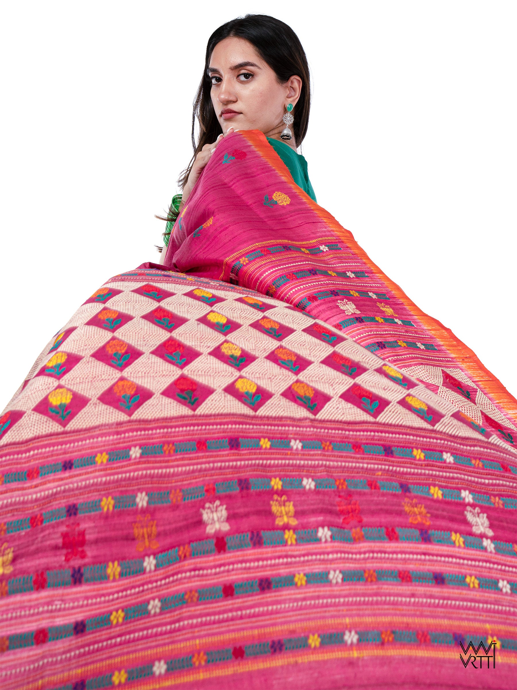 Pink Ganga Jamuna Marigold Wild Garden Master Weave Exclusive Handspun Tussar Silk Saree