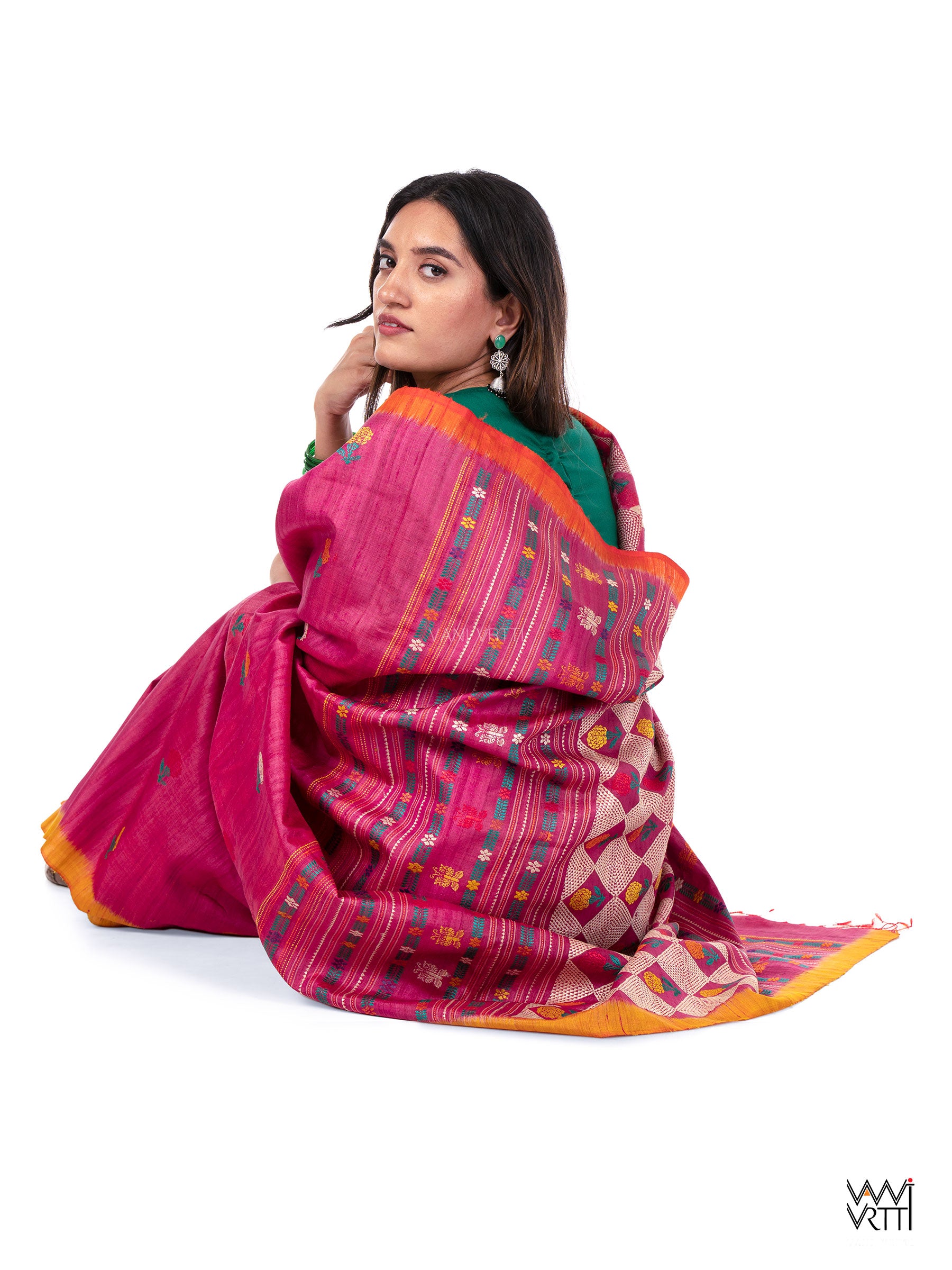 Pink Ganga Jamuna Marigold Wild Garden Master Weave Exclusive Handspun Tussar Silk Saree