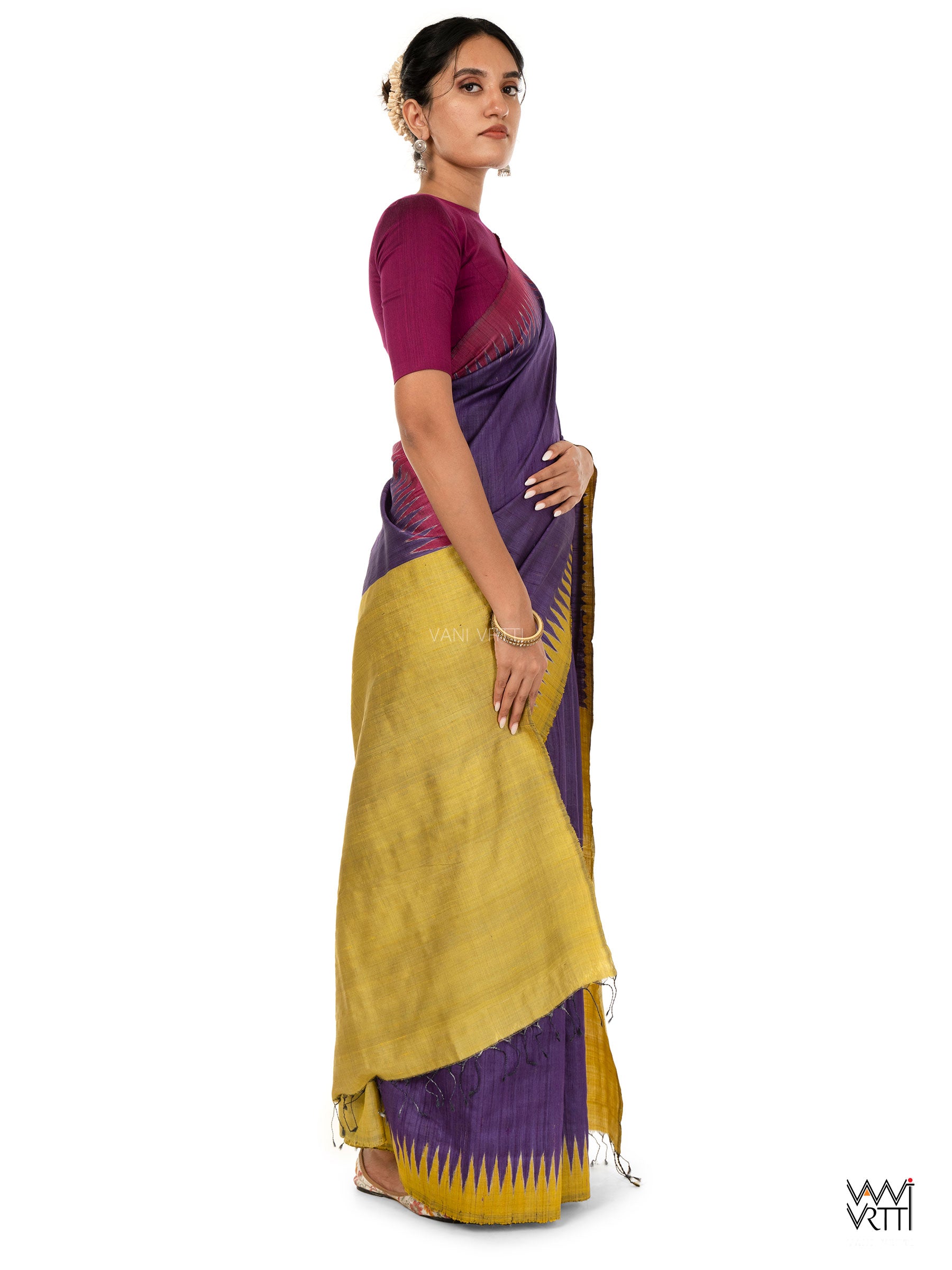 Purple Lime Yellow Ganga Jamuna Antara Handspun Tussar Silk Saree