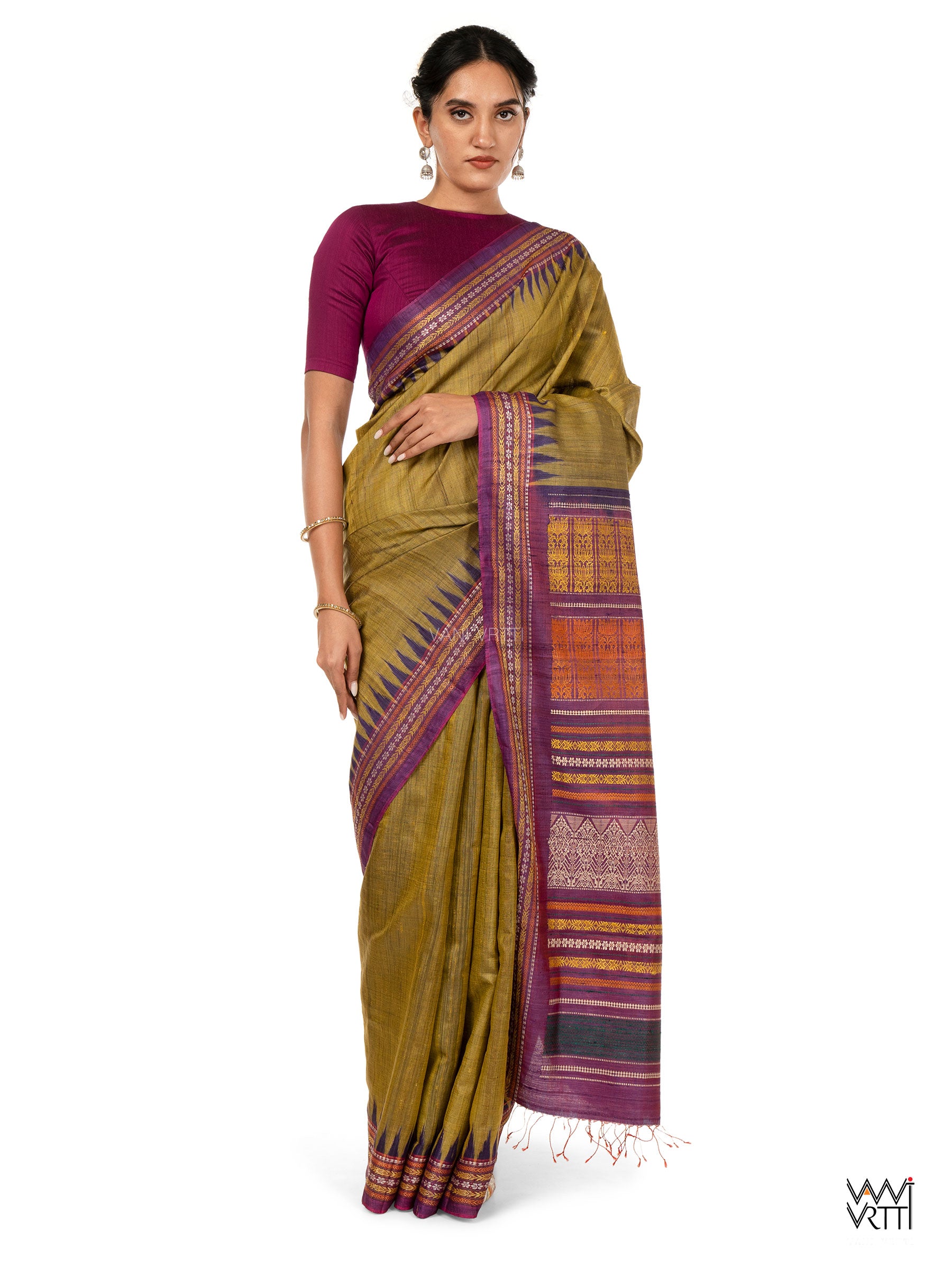 Green Gold Violet Ananta Handspun Tussar Silk Saree