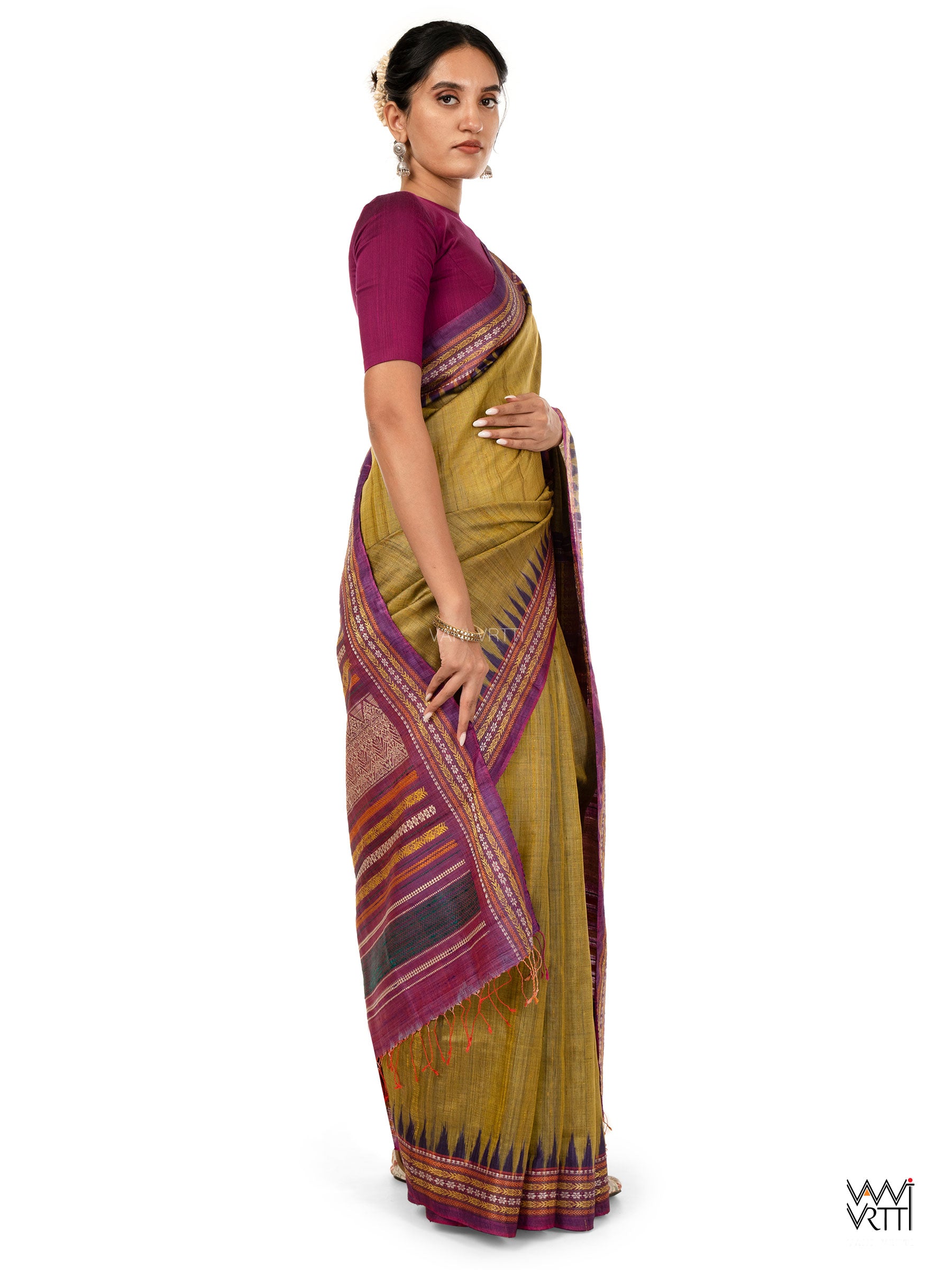 Green Gold Violet Ananta Handspun Tussar Silk Saree