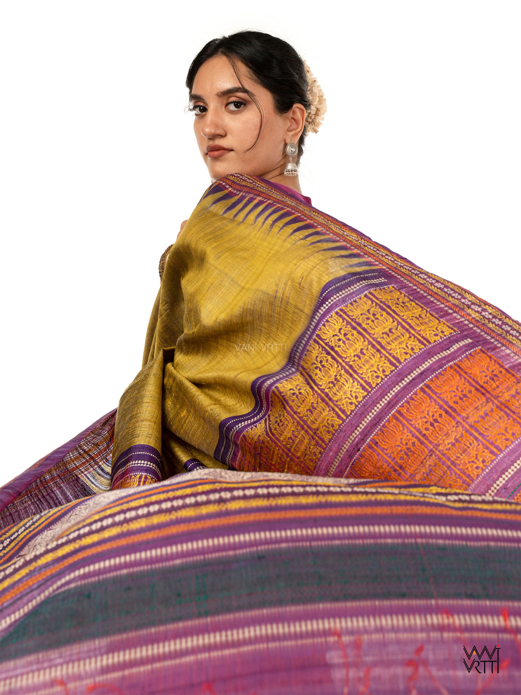 Green Gold Violet Ananta Handspun Tussar Silk Saree