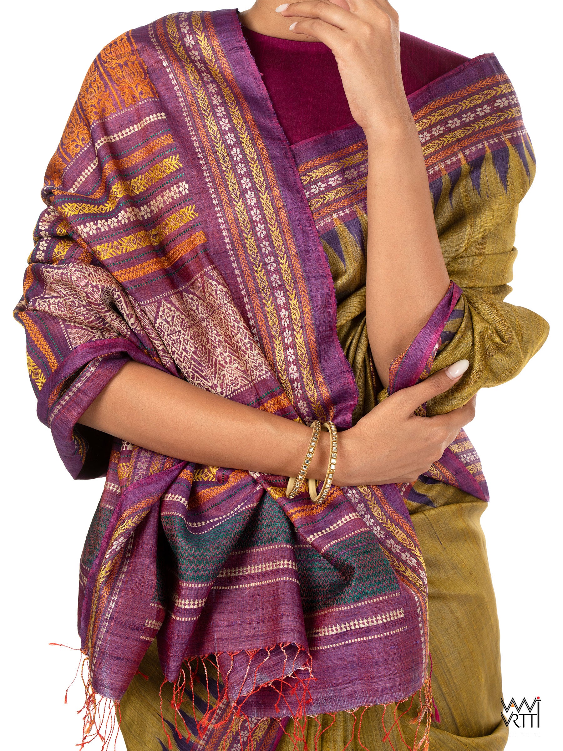 Green Gold Violet Ananta Handspun Tussar Silk Saree