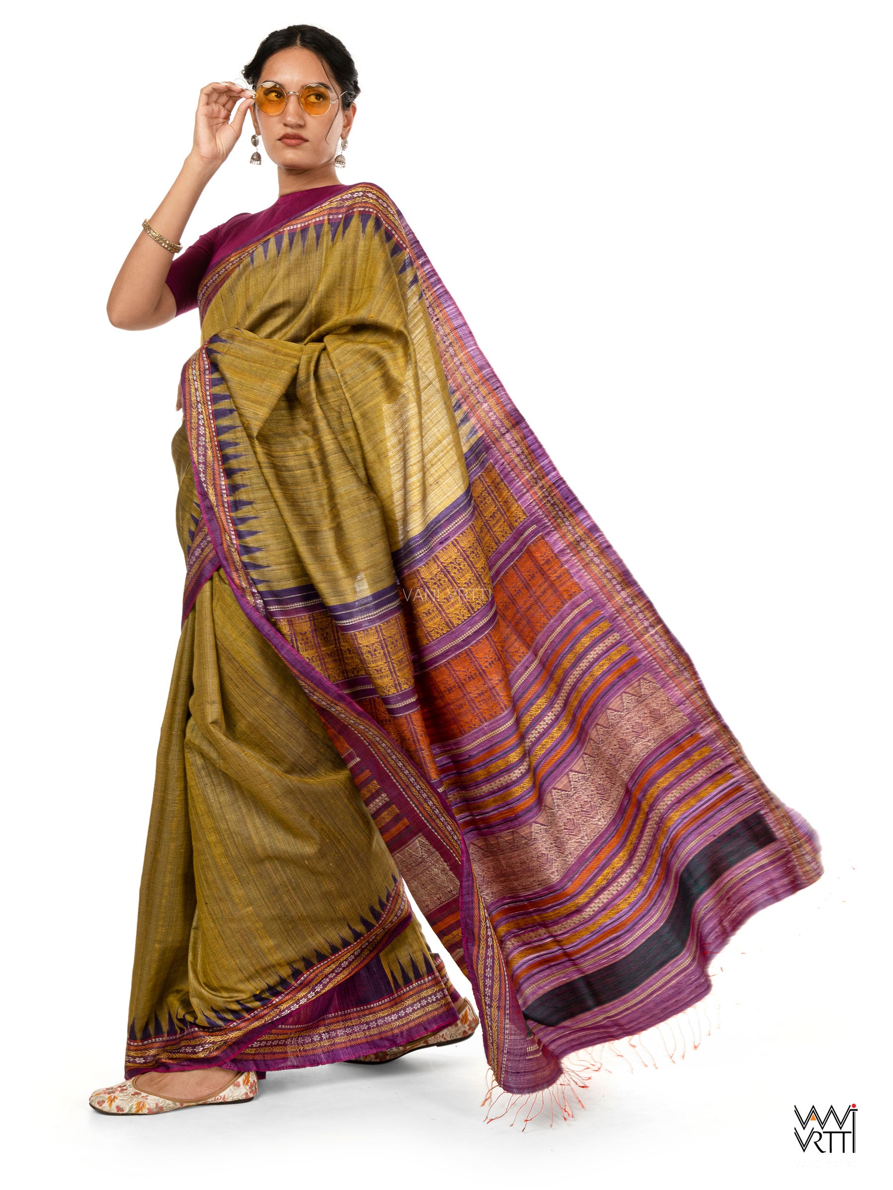 Green Gold Violet Ananta Handspun Tussar Silk Saree