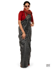 Black Red Abrash Ikat Handspun Tussar Bamboo Silk Saree
