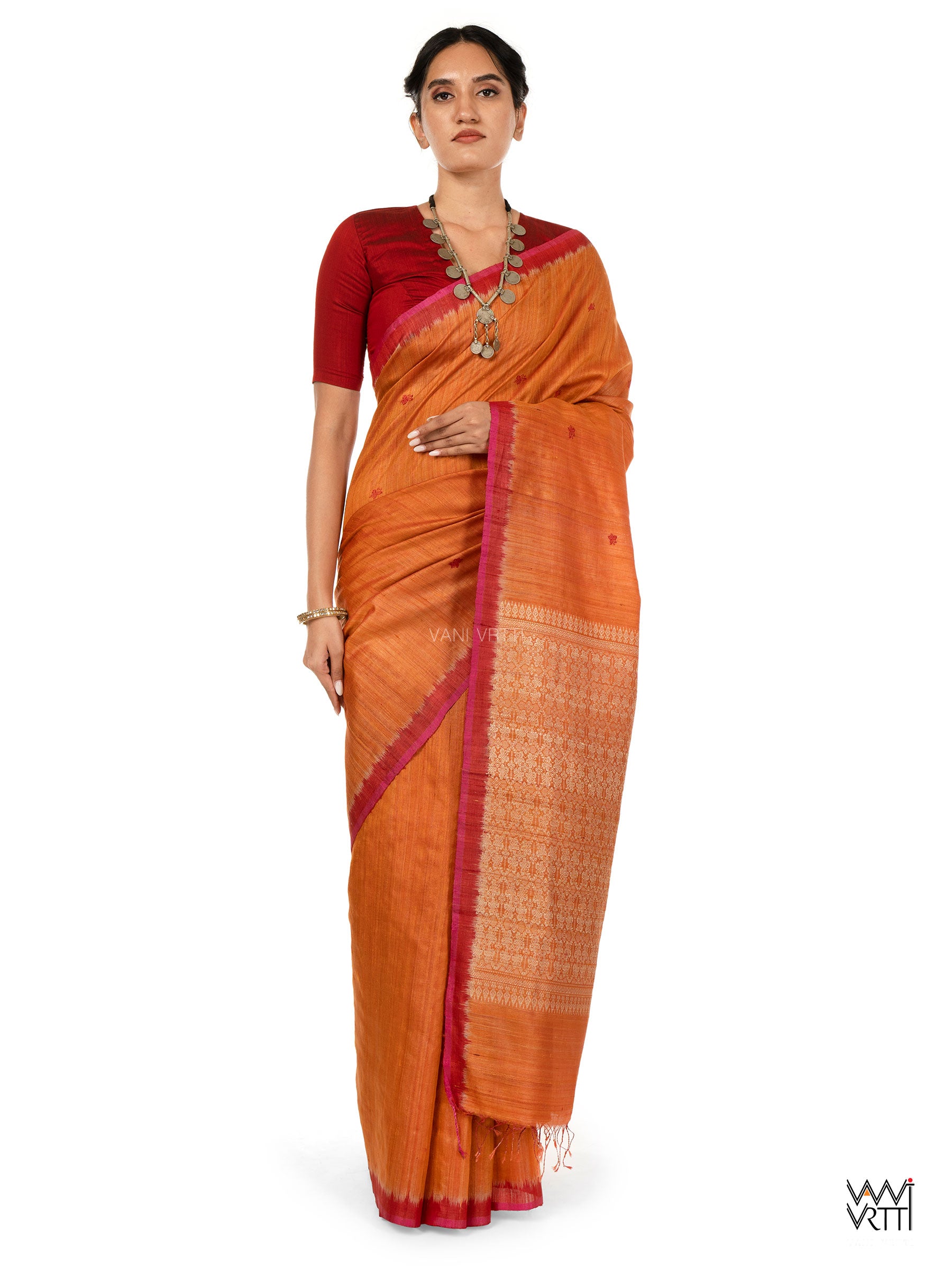 Rust Orange Nabh Butterfly Handspun Tussar Silk Saree