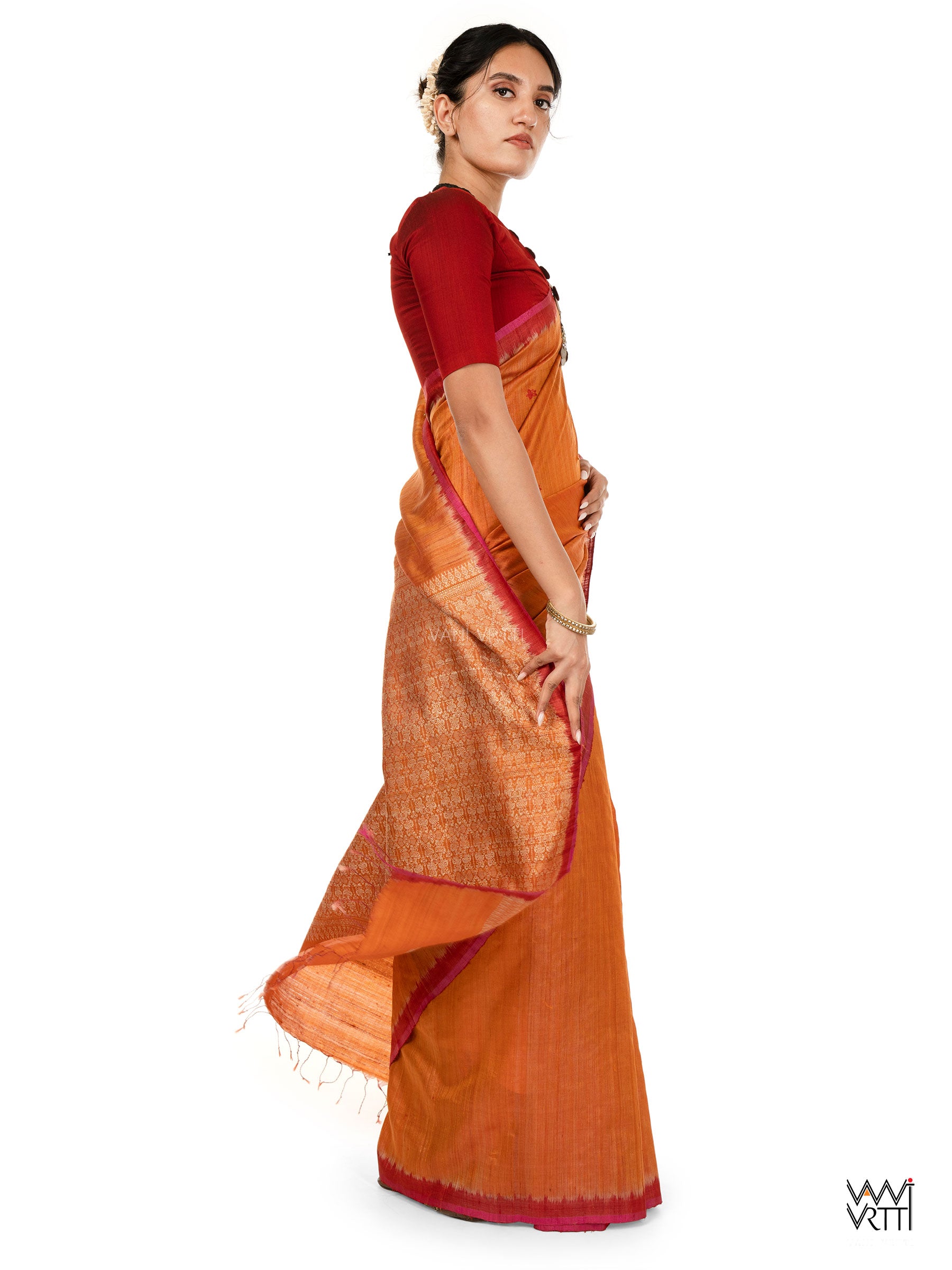 Rust Orange Nabh Butterfly Handspun Tussar Silk Saree