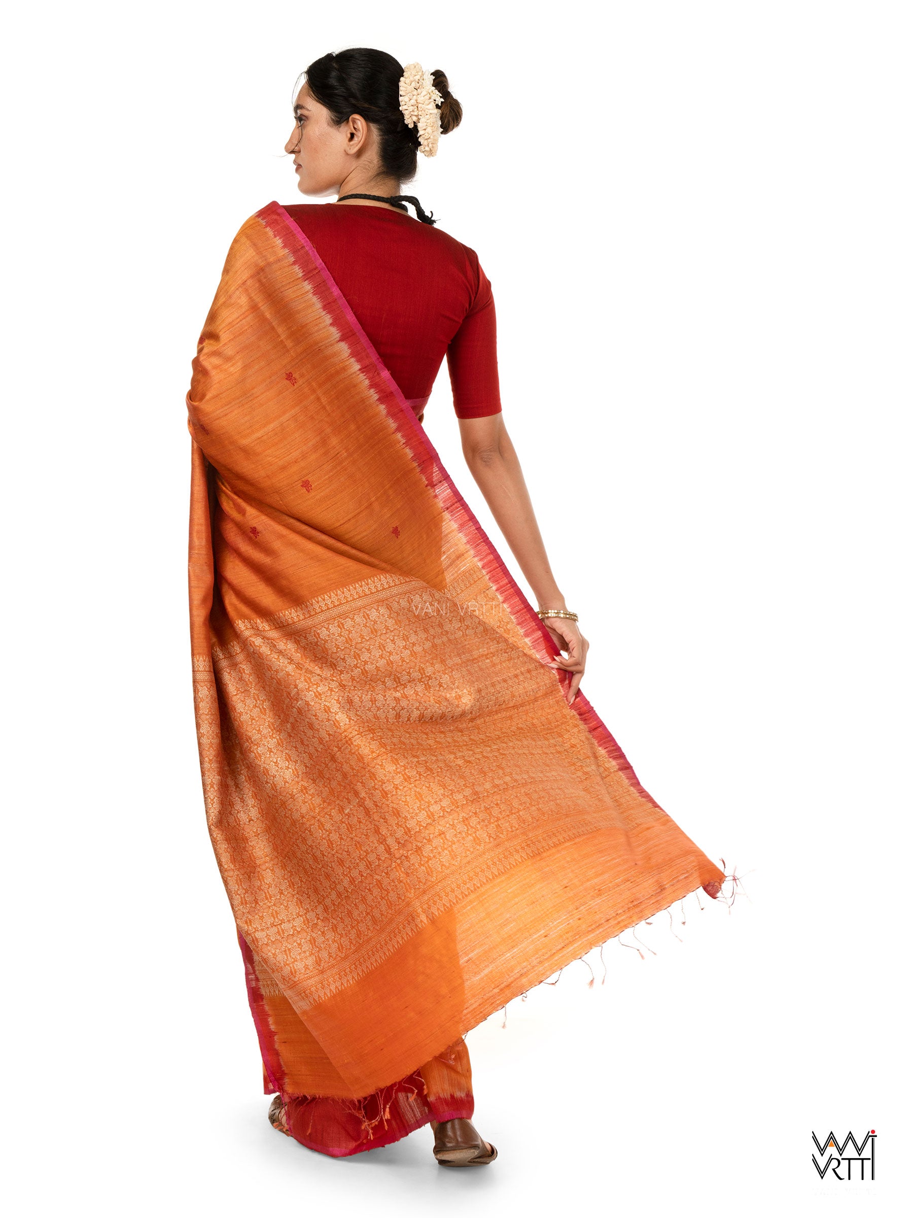 Rust Orange Nabh Butterfly Handspun Tussar Silk Saree