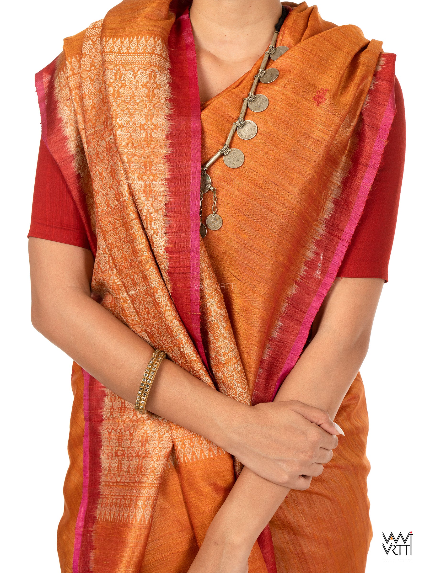 Rust Orange Nabh Butterfly Handspun Tussar Silk Saree