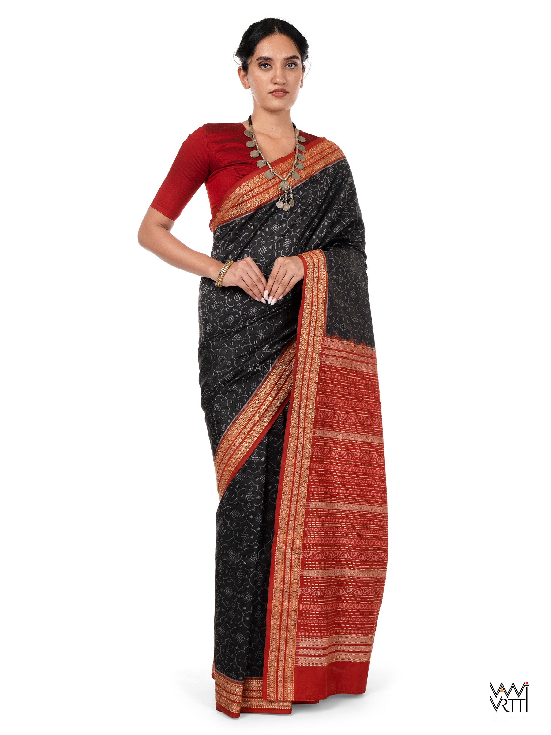 Iron Rust Black Madder Shamma Prakritik Natural Dyed Mulberry Silk Ikat Saree