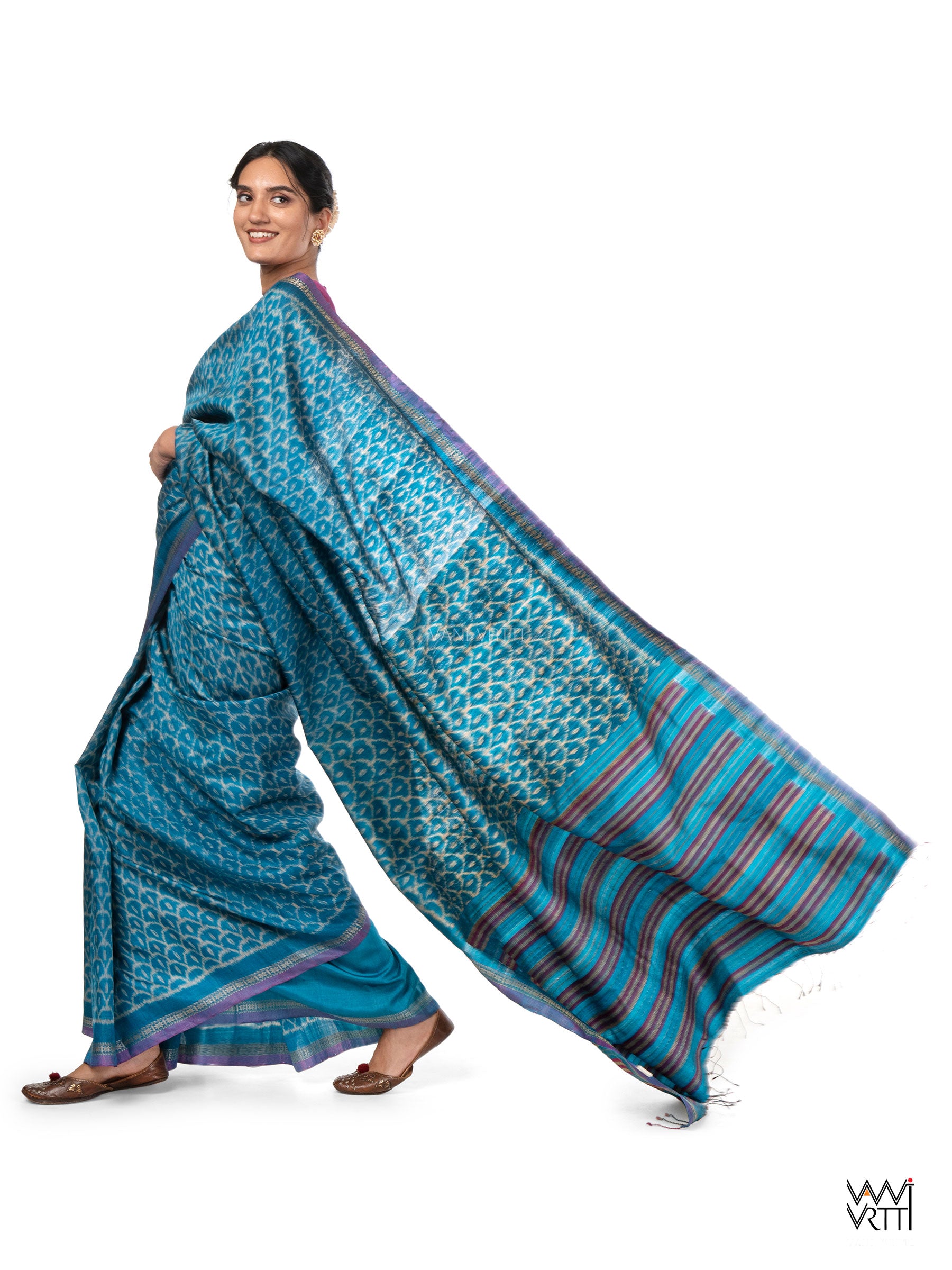 Firozi Blue Samudra Lahar Ikat Handspun Tussar Silk Saree