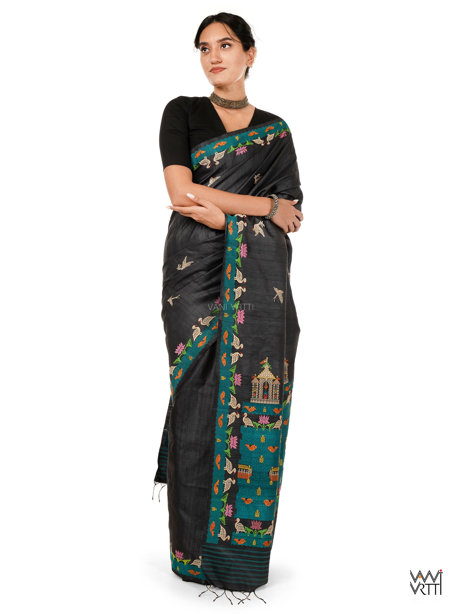 Slate Black Chilika Master Weave Exclusive Handspun Tussar Silk Saree