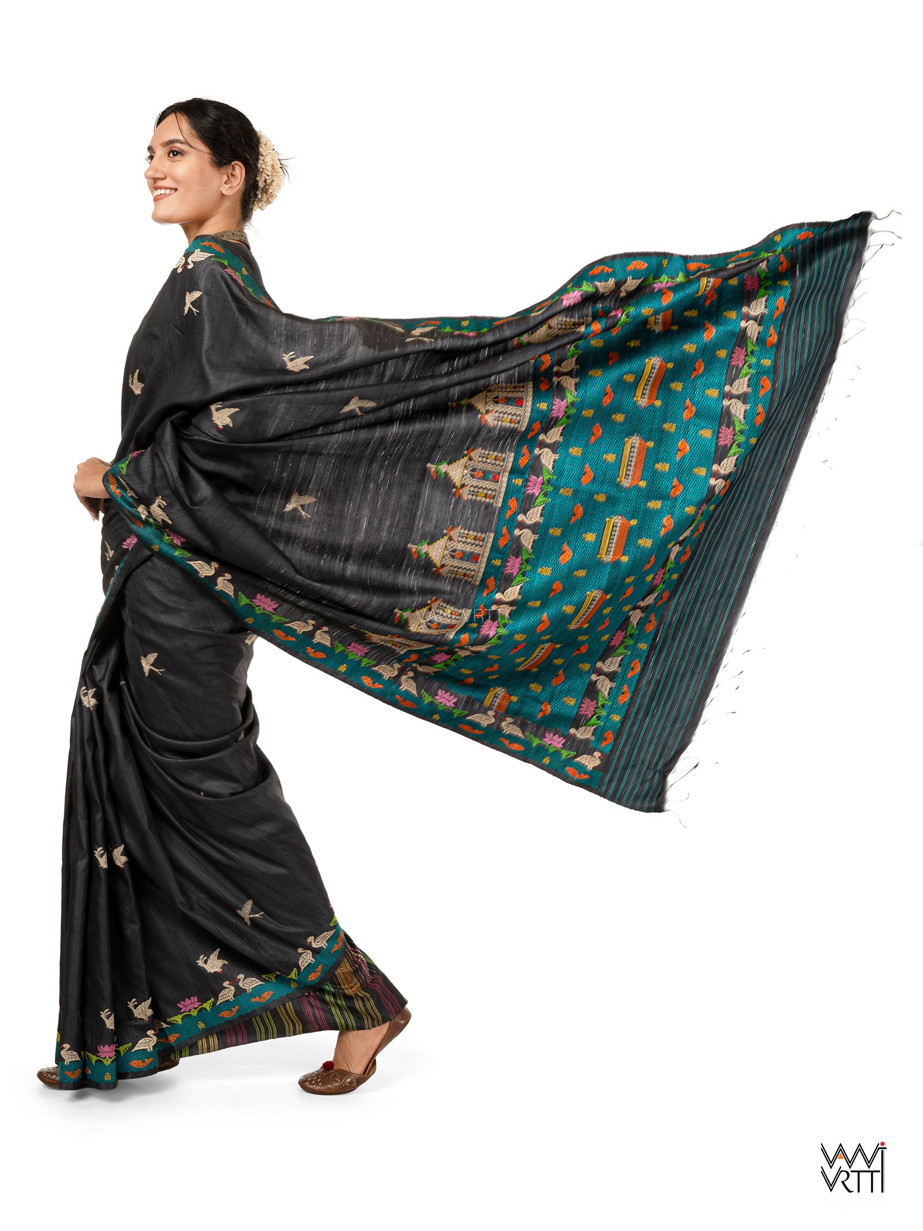 Slate Black Chilika Master Weave Exclusive Handspun Tussar Silk Saree