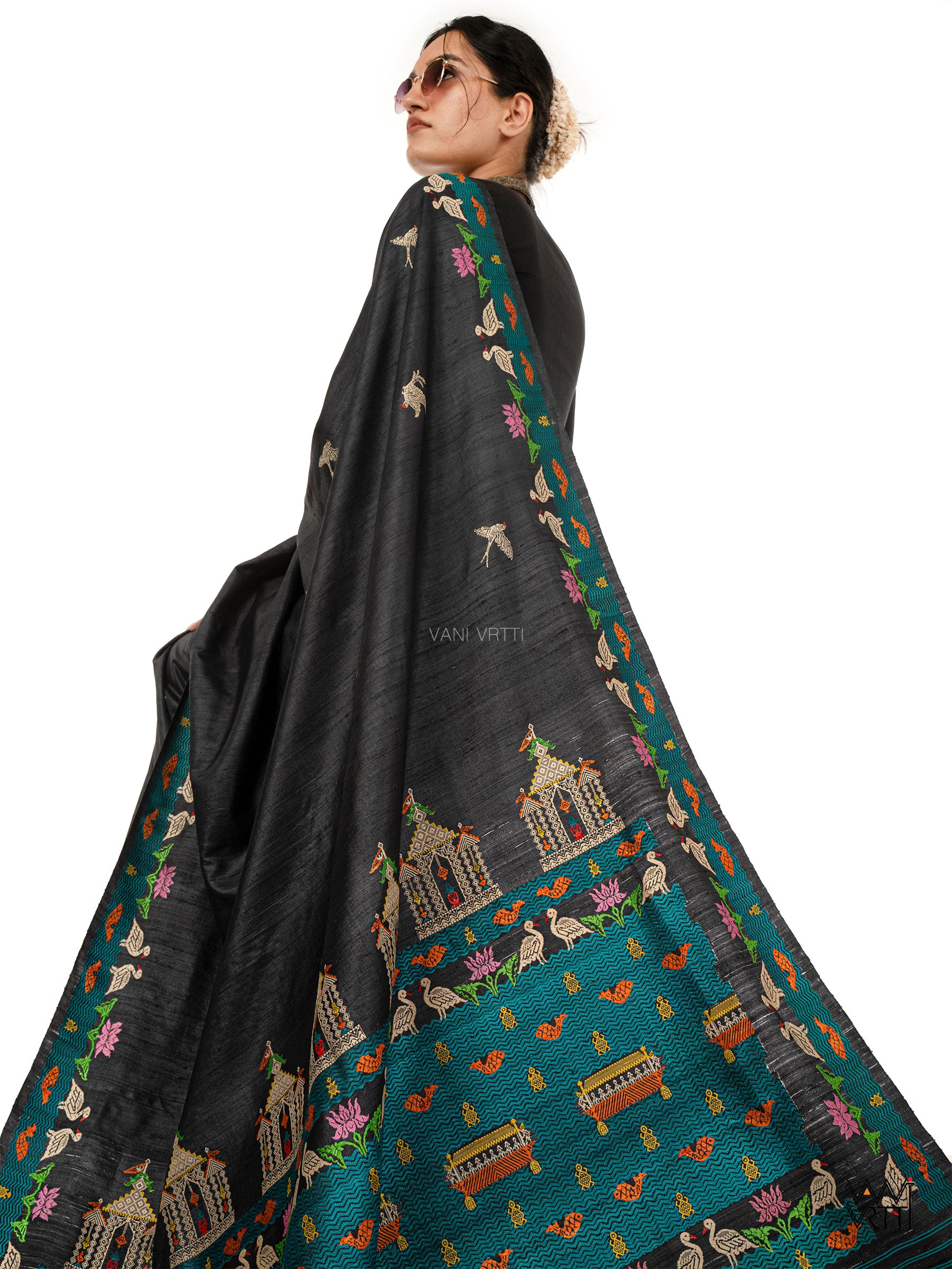 Slate Black Chilika Master Weave Exclusive Handspun Tussar Silk Saree