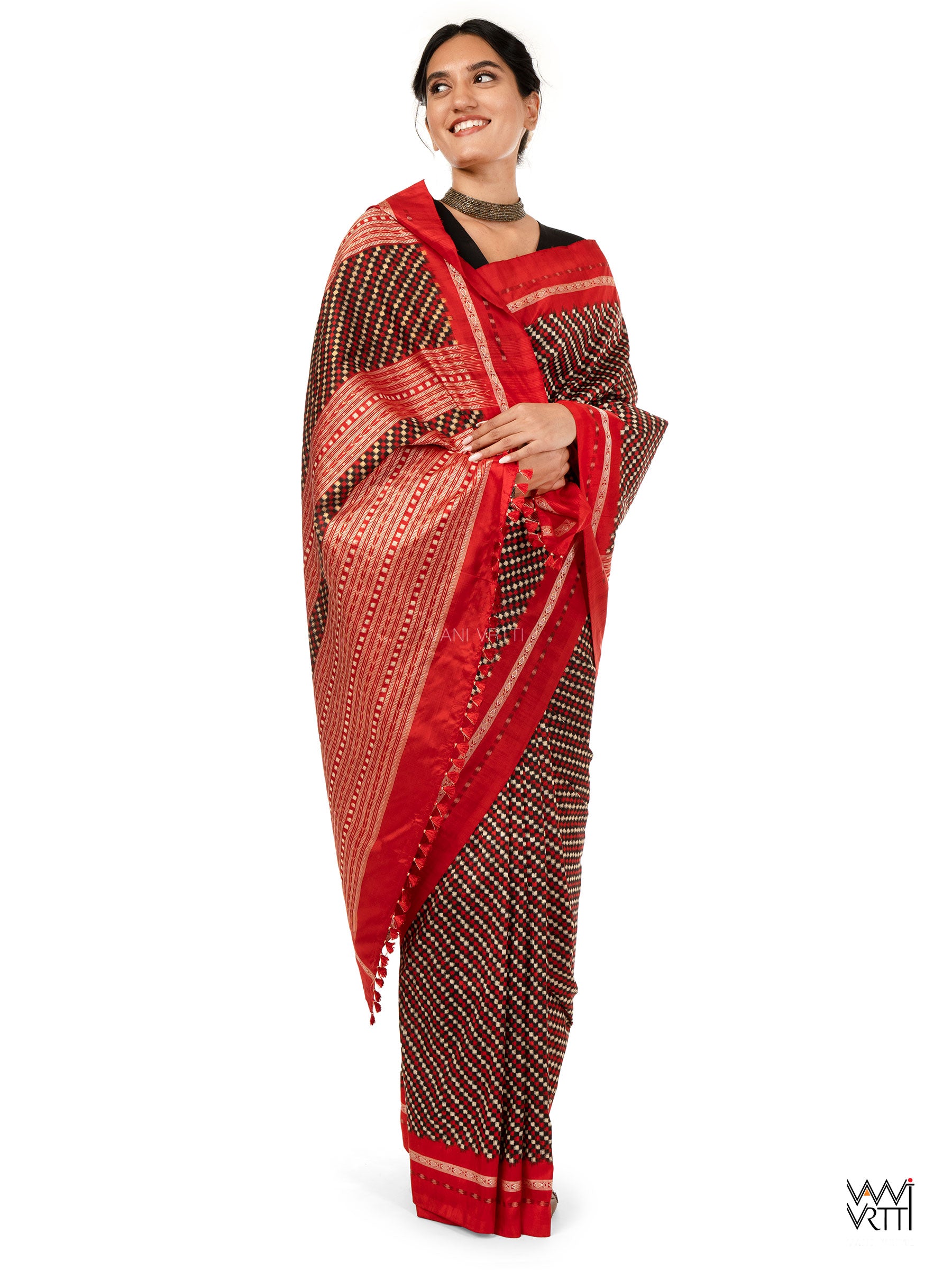 Black Red Saktapar Bandha Double Ikat Master Weave Sambalpuri Mulberry Silk Saree