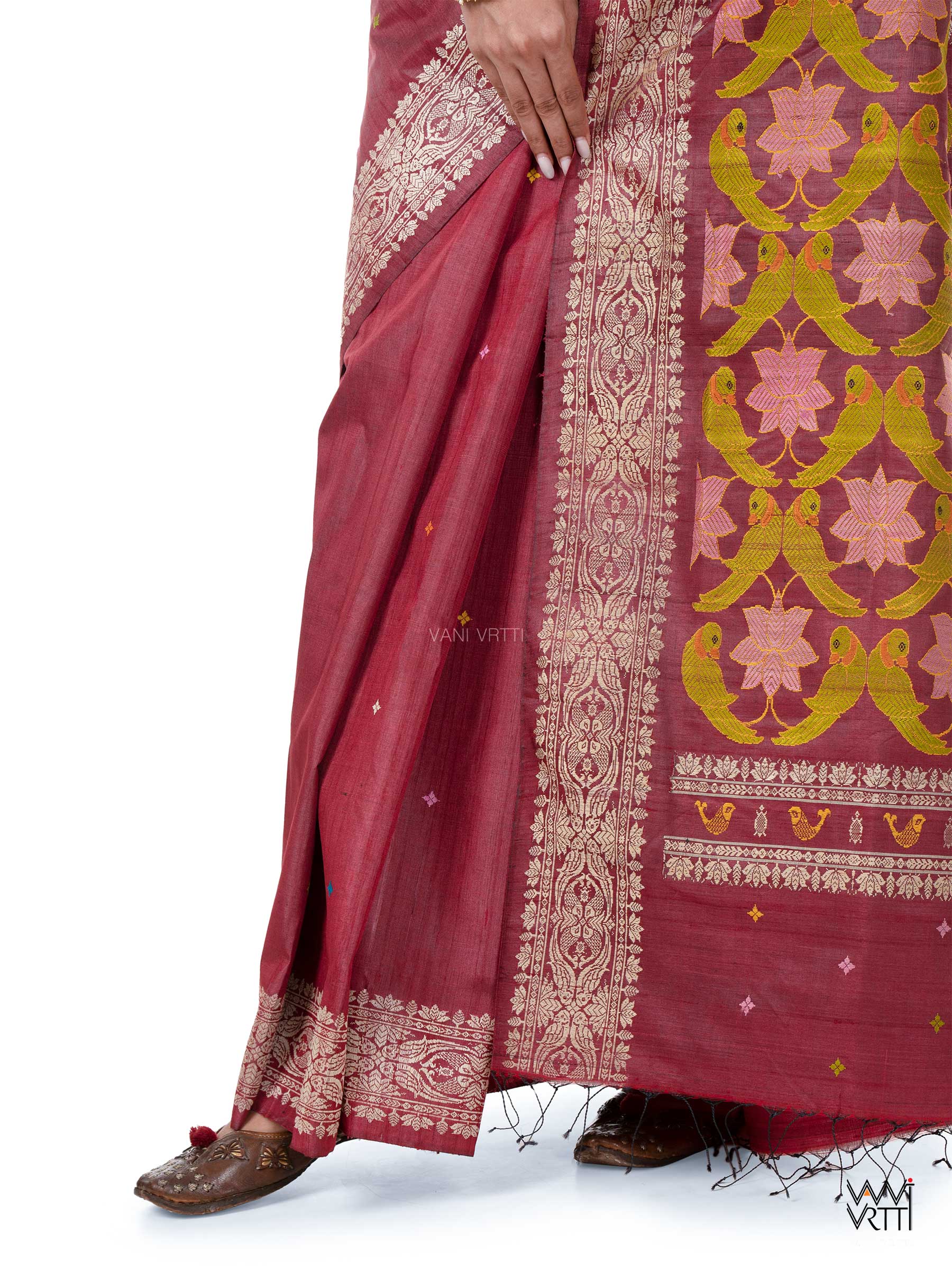 Classic Red Lotus Parrot Jaal Designer Exclusive Handspun Handwoven Tussar Silk Saree