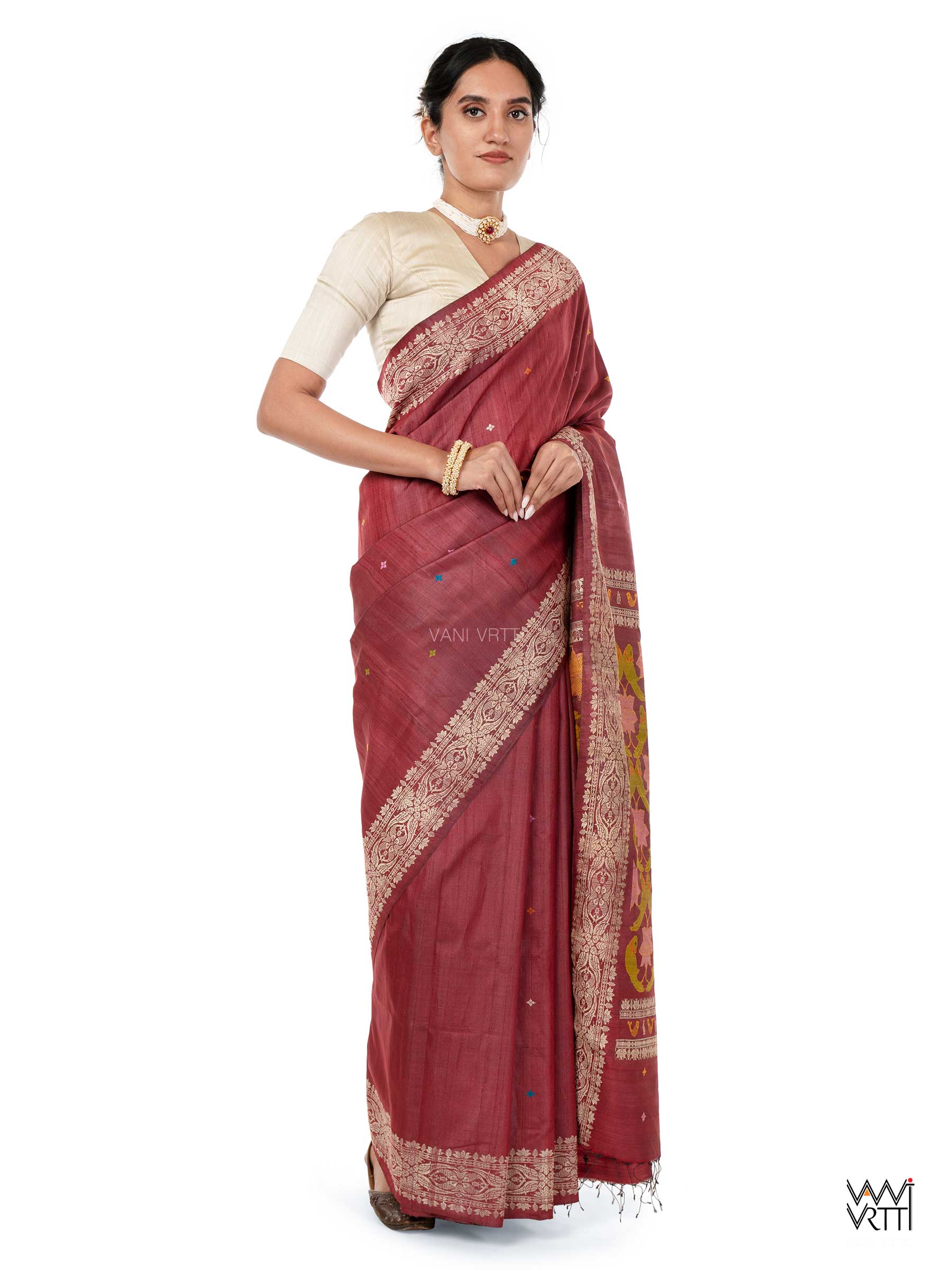 Classic Red Lotus Parrot Jaal Designer Exclusive Handspun Handwoven Tussar Silk Saree