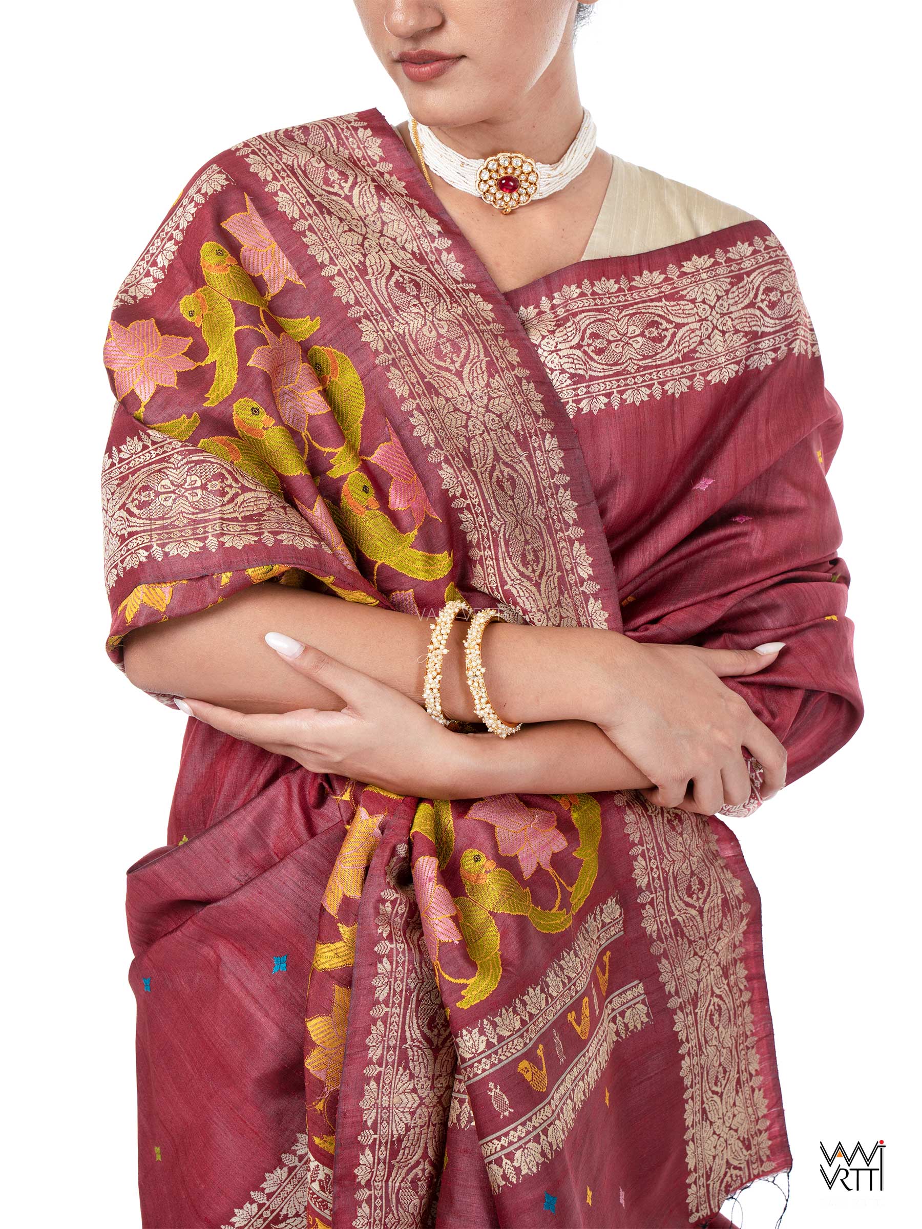 Classic Red Lotus Parrot Jaal Designer Exclusive Handspun Handwoven Tussar Silk Saree