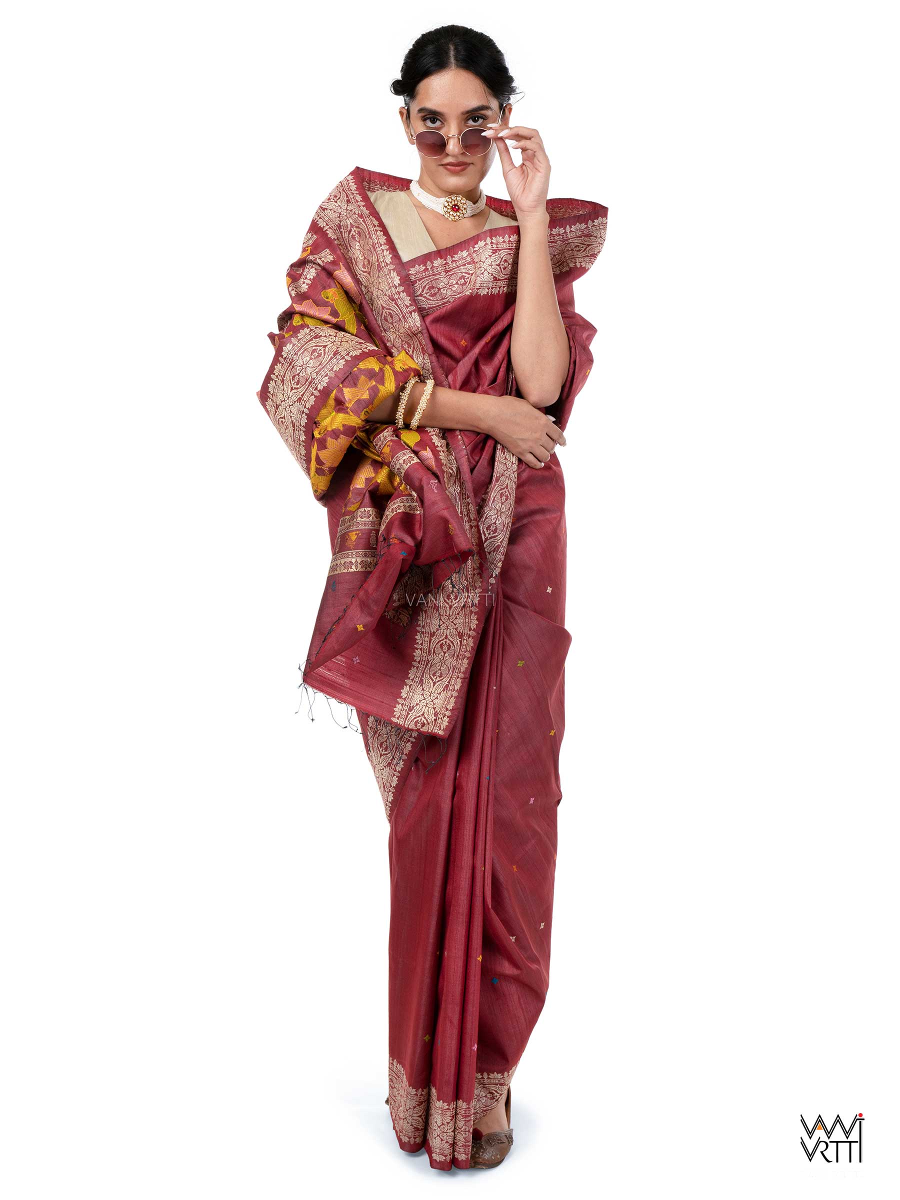 Classic Red Lotus Parrot Jaal Designer Exclusive Handspun Handwoven Tussar Silk Saree