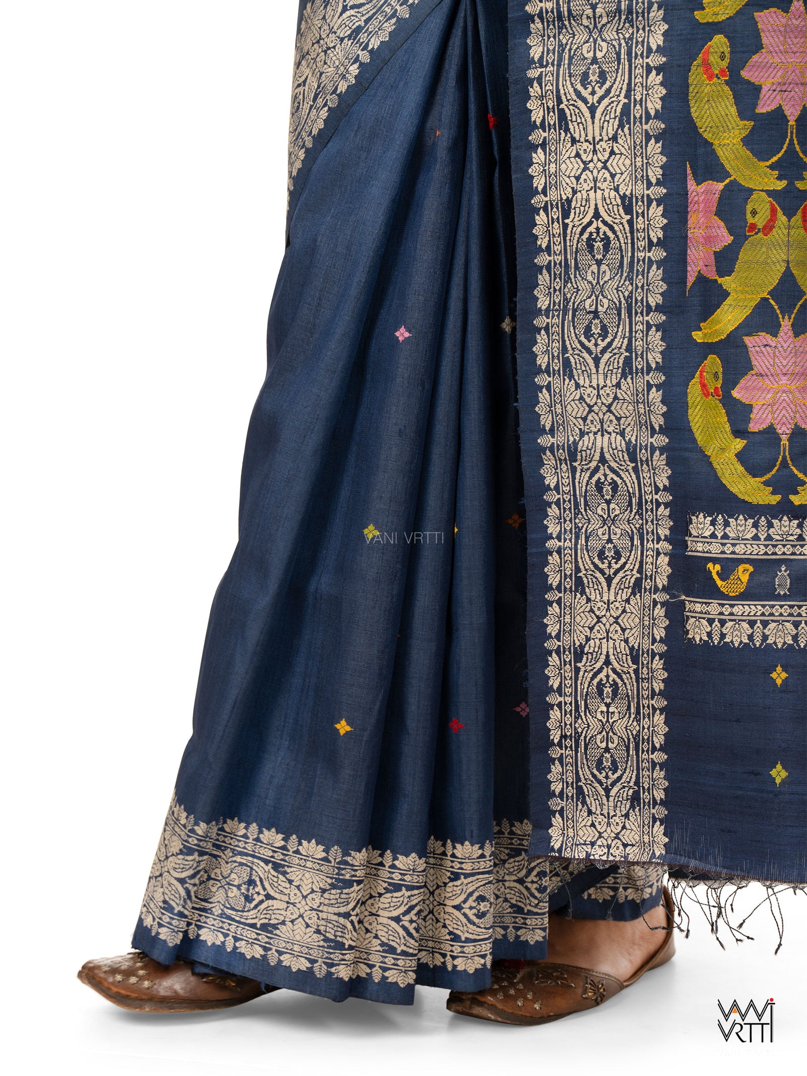 Midnight Blue Lotus Parrot Jaal Designer Exclusive Handspun Handwoven Tussar Silk Saree