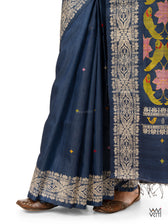 Midnight Blue Lotus Parrot Jaal Designer Exclusive Handspun Handwoven Tussar Silk Saree
