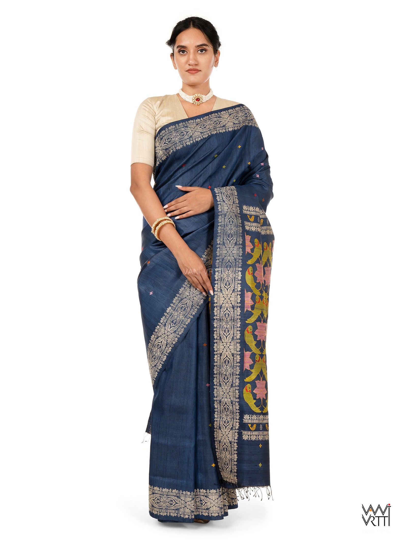 Midnight Blue Lotus Parrot Jaal Designer Exclusive Handspun Handwoven Tussar Silk Saree