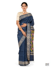 Midnight Blue Lotus Parrot Jaal Designer Exclusive Handspun Handwoven Tussar Silk Saree