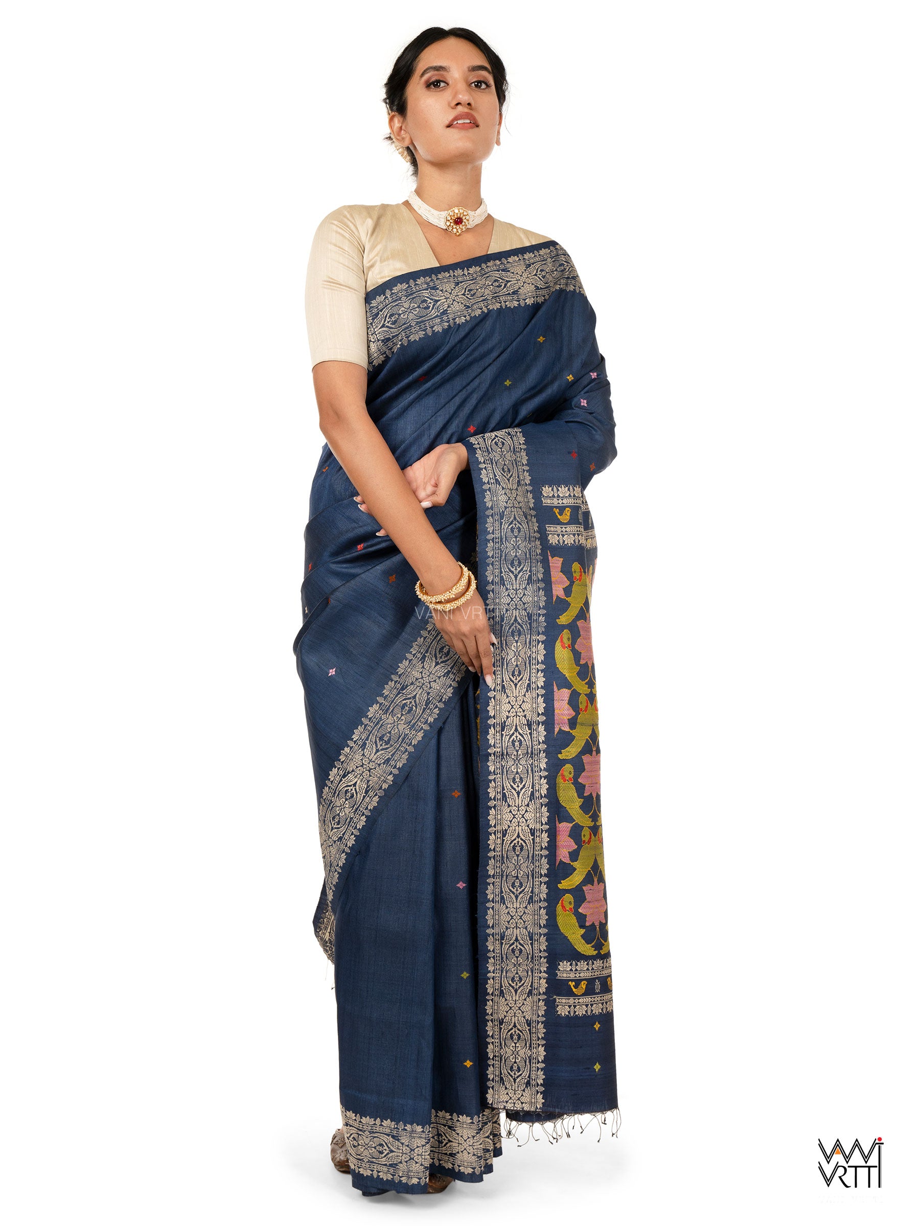Midnight Blue Lotus Parrot Jaal Designer Exclusive Handspun Handwoven Tussar Silk Saree