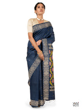Midnight Blue Lotus Parrot Jaal Designer Exclusive Handspun Handwoven Tussar Silk Saree