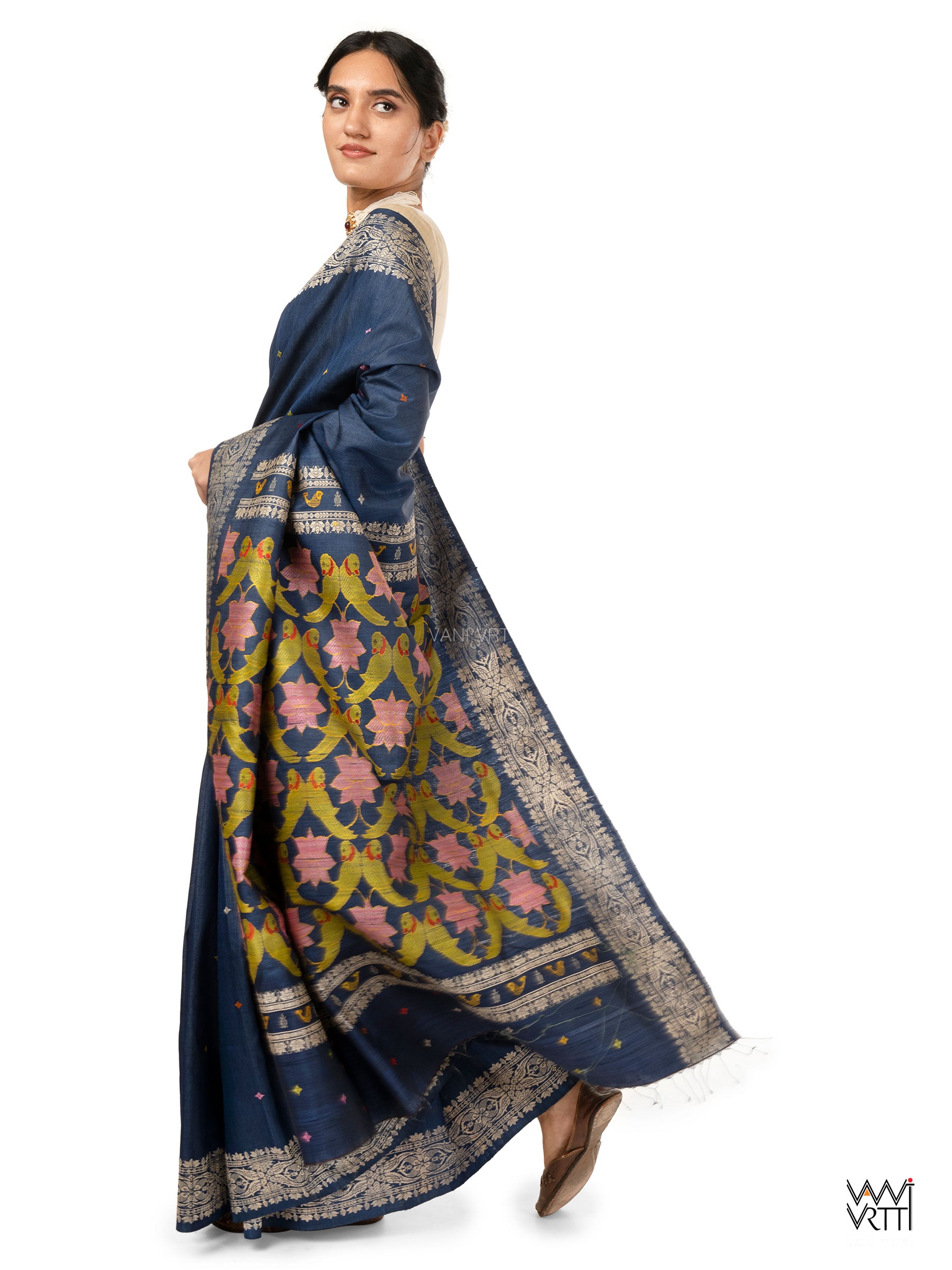 Midnight Blue Lotus Parrot Jaal Designer Exclusive Handspun Handwoven Tussar Silk Saree