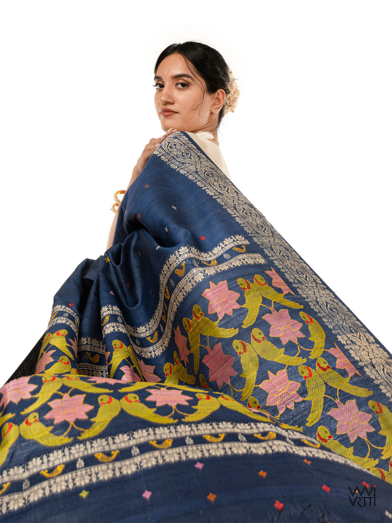 Midnight Blue Lotus Parrot Jaal Designer Exclusive Handspun Handwoven Tussar Silk Saree