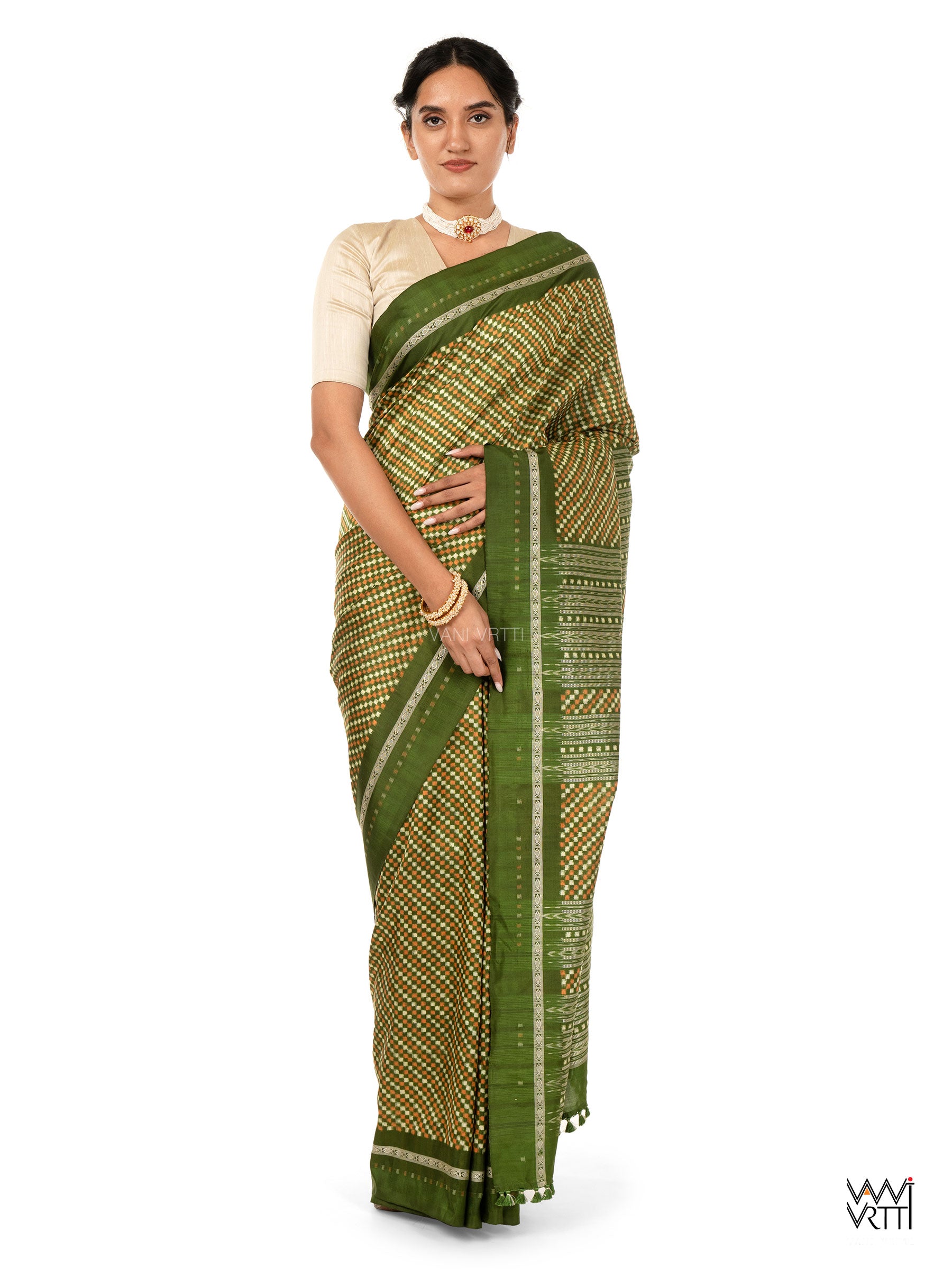 Mehendi Green Saktapar Bandha Double Ikat Master Weave Sambalpuri Mulberry Silk Saree