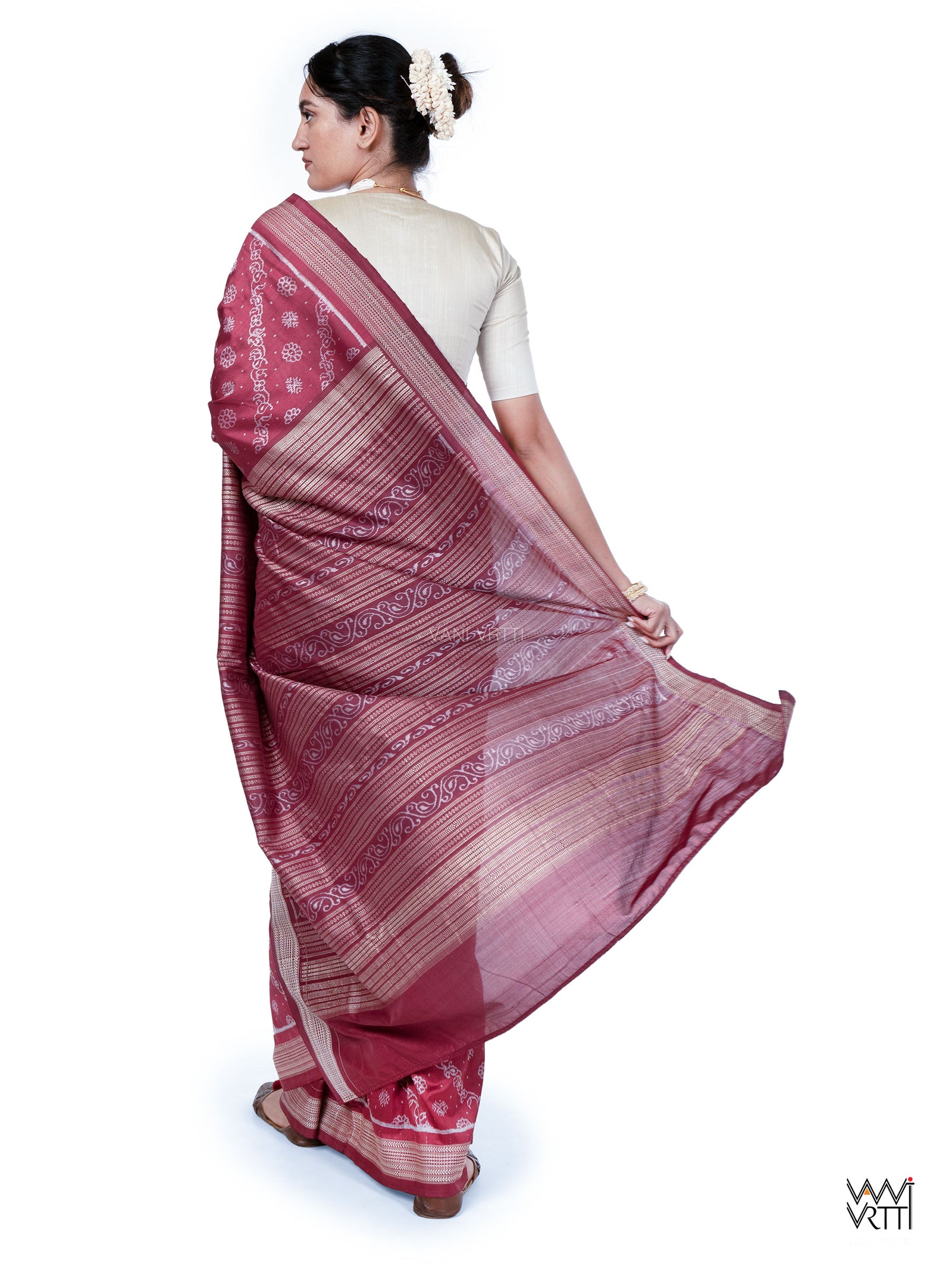 Burgundy Pink Mehendi Bail Phool Prakritik Lac Natural Dyed Mulberry Silk Ikat Saree