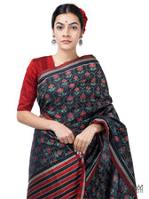 Black Laal Jaba Mulberry Silk Ikat Sari